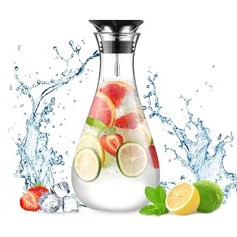 ecooe Glass Carafe 1.8 L Water Carafe Glass with Stainless Steel Lid Borosilicate Glass Glass Jug Water Jug Juice Pitcher Beverage Pitcher Glass Jug for Hot/Cold Water Milk Tea Coffee