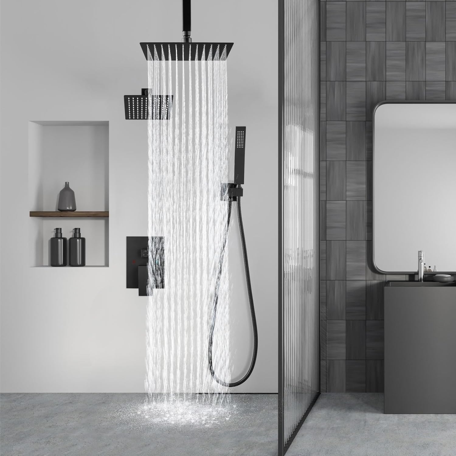 Aolemi Ceiling Mount Shower System Rainfall Shower Head Set with Handheld Spray High-Pressure Luxury Shower Faucet Combo, Matte Black, 10 and 6 Inch Dual Shower Head