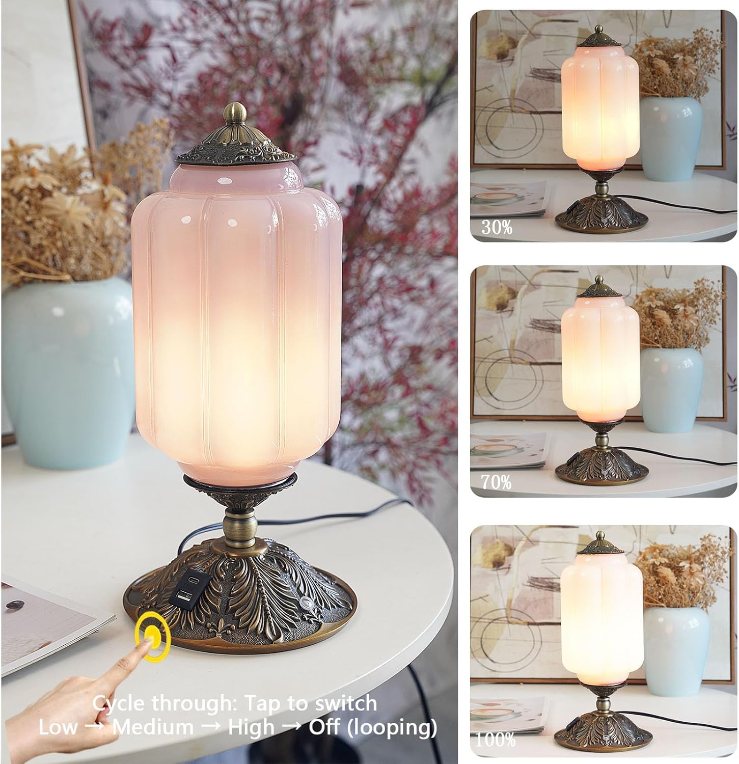 Lampa stołowa w stylu vintage szklana z regulacją jasności dotykową z portami ładowania USB A+C 3 temperatury barwowe retro lampa nocna, styl rustykalny lampa do sypialni, lampa dekoracyjna