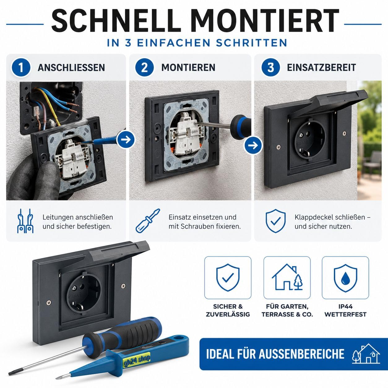 Gira TX44 Außensteckdose anthrazit 1-fach mit Rahmen, Dichtungsflansch & Montageset, IP44 Unterputz Steckdose für Außenbereich, wetterfeste Schuko Steckdose für Garten Terrasse Garage