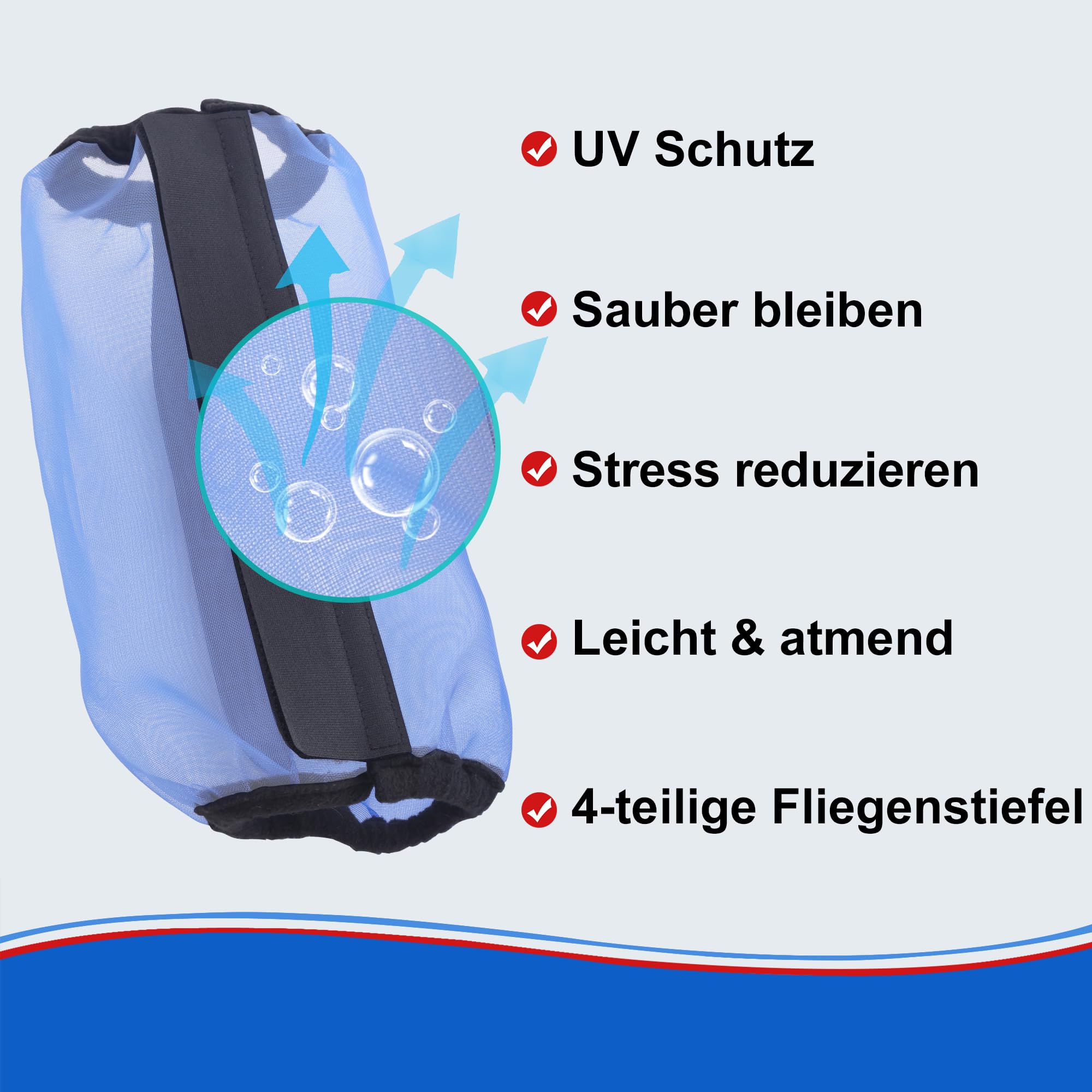 4 Stück Fliegenstiefel für Pferde, Locker Sitzend, Atmungsaktiv, Feinmaschig, Schützt vor Beinermüdung und Stampfen, ideal für den Sommer