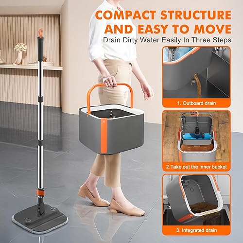 Miniatura 8 de KZKR Juego de trapeador giratorio y cubeta mejorado, sistema de agua limpia y sucia separado, cabezal cuadrado plegable de 360 con almohadilla de