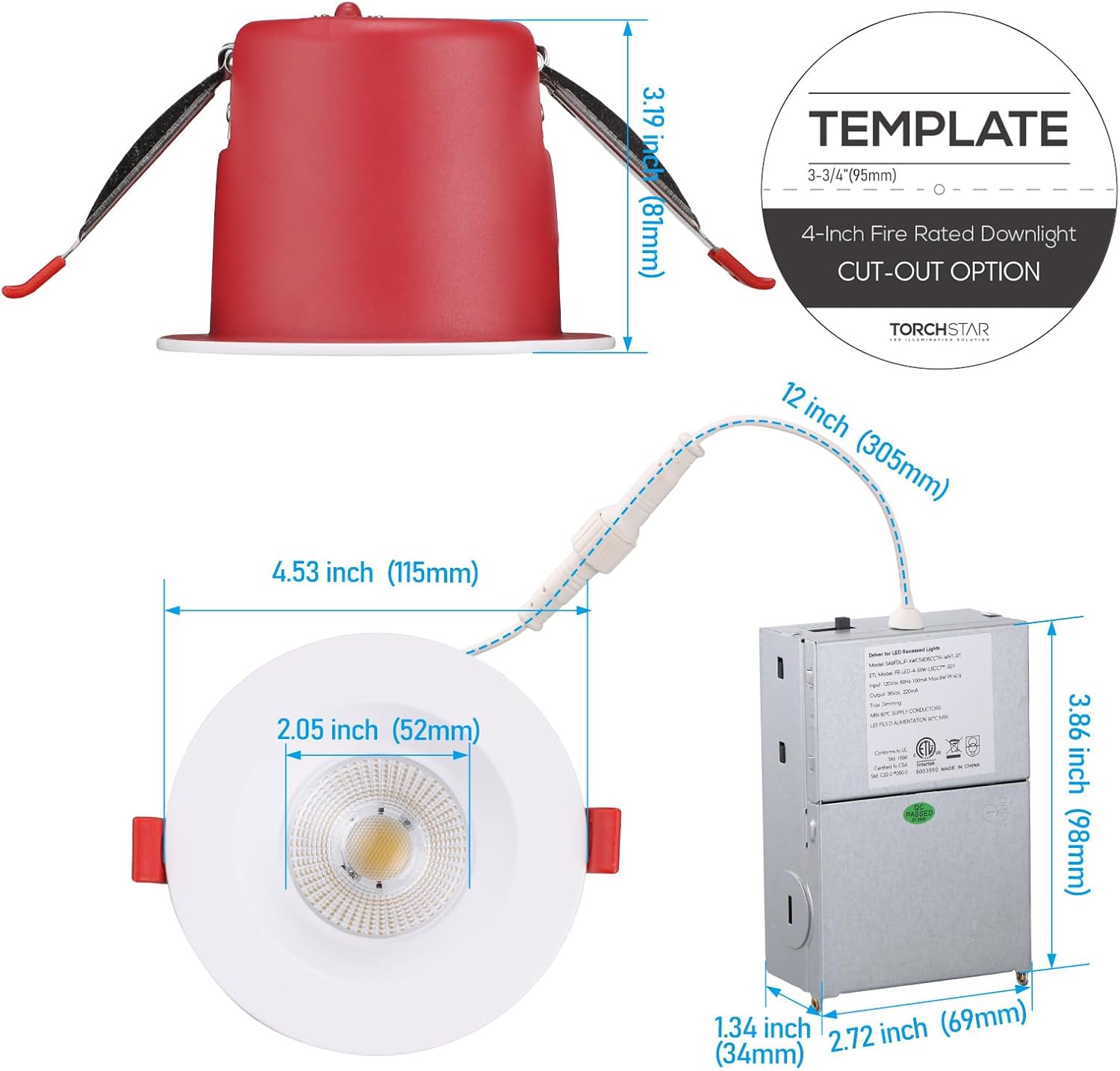 TORCHSTAR 4 Inch 2 Hour Fire Rated Deep Baffle Recessed Light, Meets UL263 & ASTM E119, IC Rated Airtight 15W Canless Downlight with J-Box, 5CCT Dimmable for Office Hotel Commercial Use