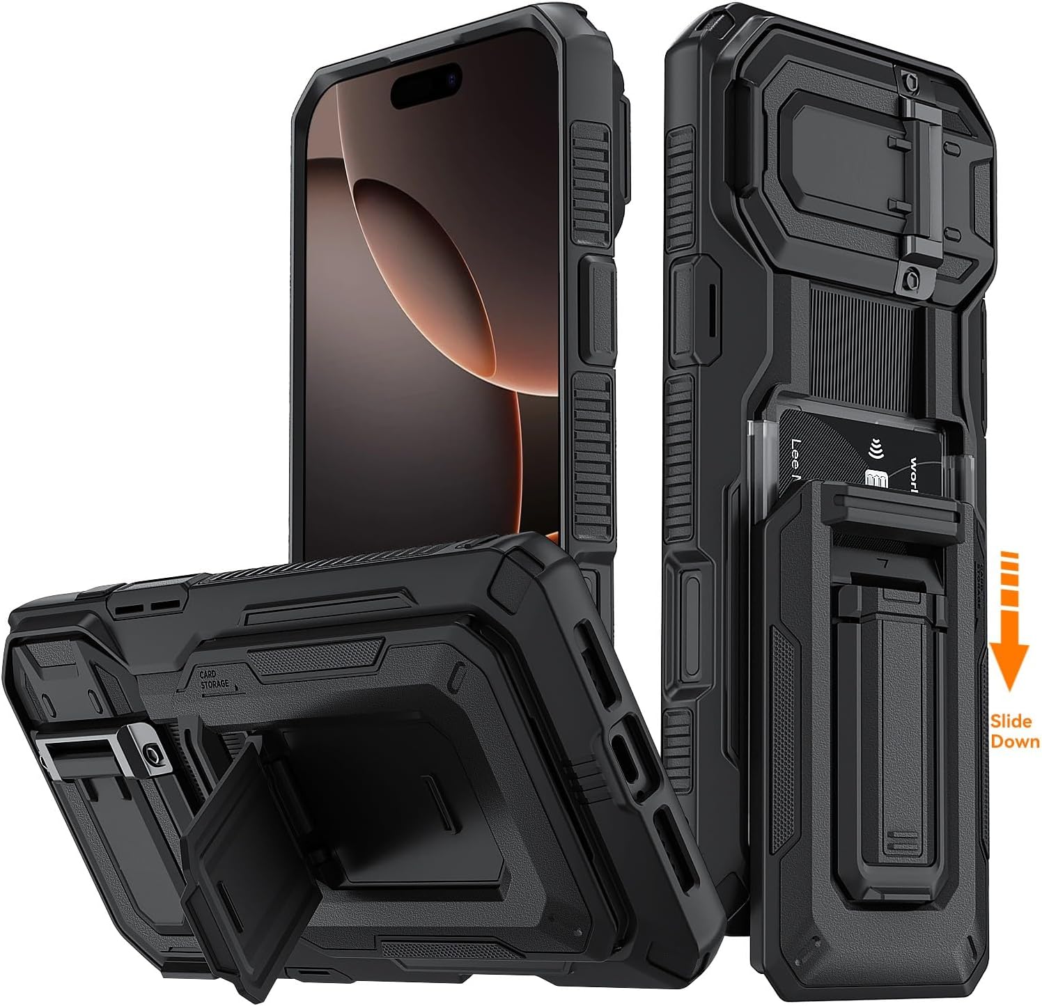 for iPhone 16 Pro Max Case with Semi-Automatic Card Slot (3-4 Cards) RFID Blocking & Kickstand & Camera Lens Cover & Wallet, Heavy Duty Rugged Phone Case (Black)
