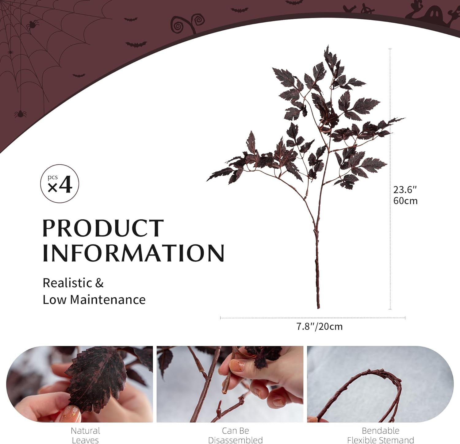 Ttranewsoo Artificial Cimicifuga Plant Leaf Fake Plants 4PCS Fall Stems for Vases 23.6In Fake Leaves Silk Plants for Fall Decorations for Home Dining Table, Wedding, Fireplace Decor No vase