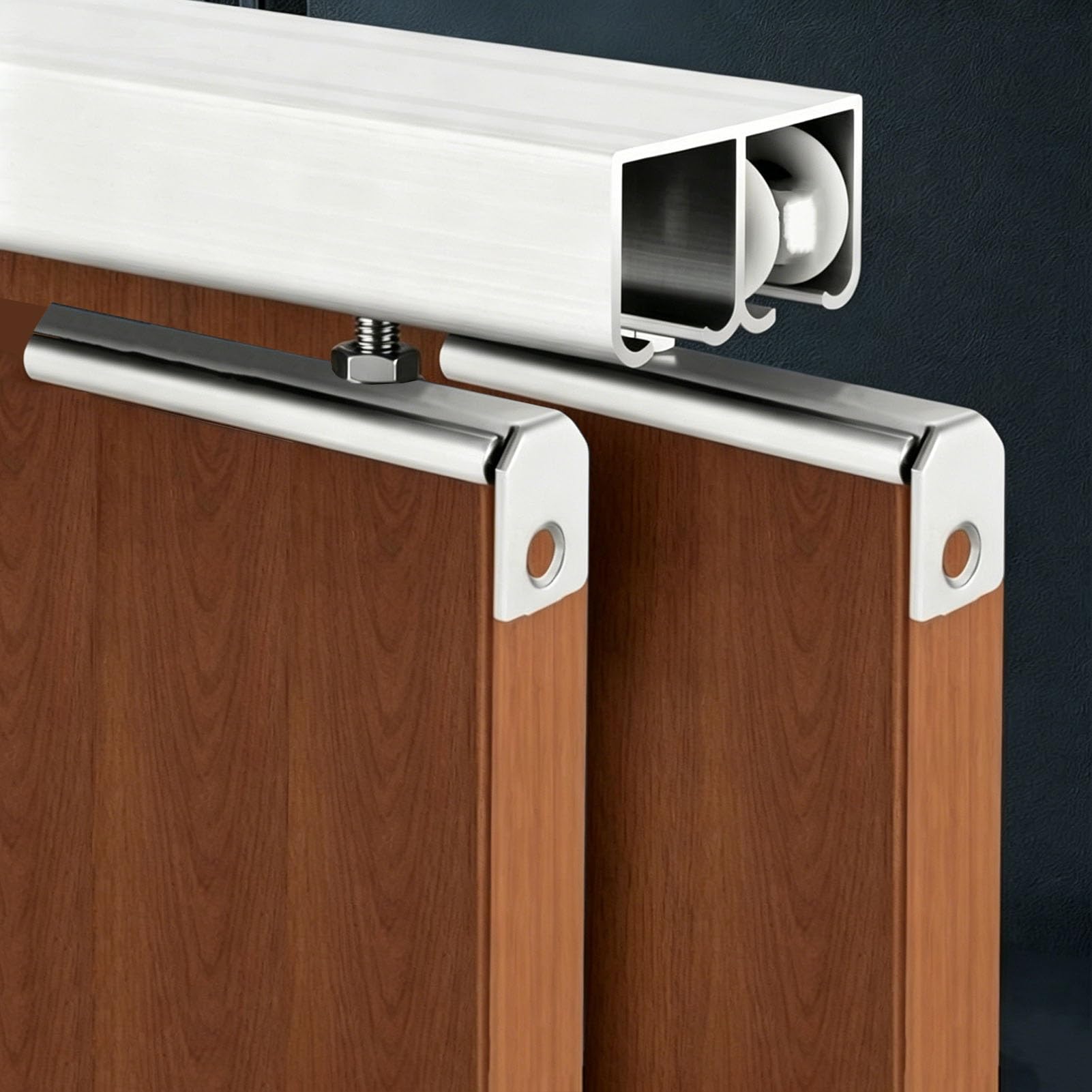 EXCLURA Sliding Door Track Kit for Wooden Doors, 2 Doors Bypass Sliding Door Hardware Kit, Box Rail Interior Barn Door System with Nylon Rollers Set(Silver,1.4m/4.6ft)