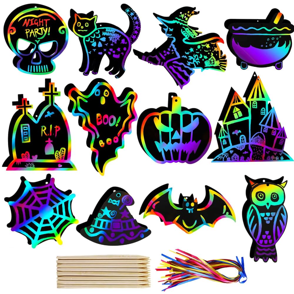 48Pcs Different Halloween Scratch Paper Set, Rainbow Scratch Art for Halloween, Crafts Black Scratch Off Paper with 24 Wooden Stylus 48 Cords, Halloween Decoration Hanging Decoration