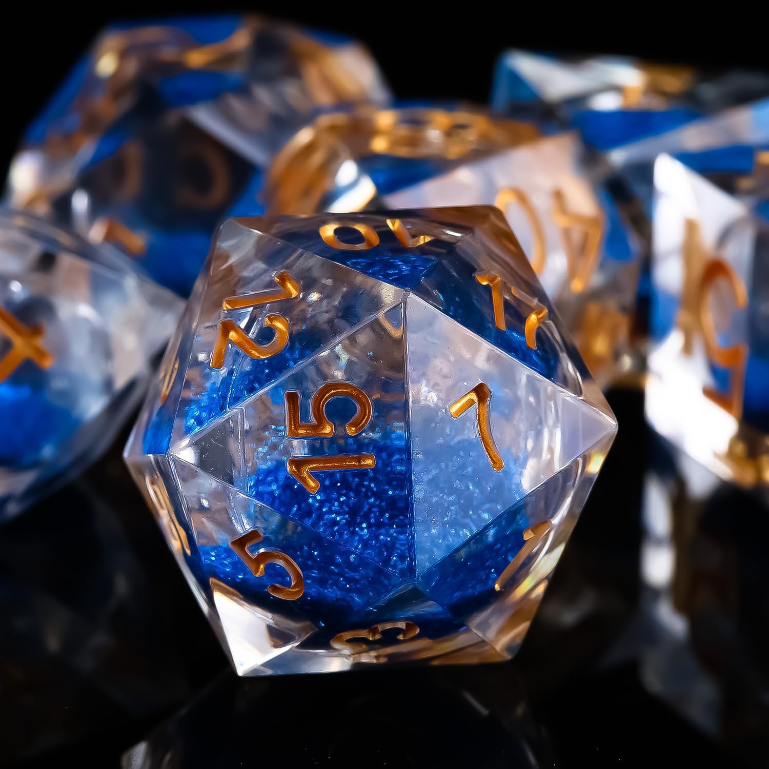 Fugacity DND Dice Set, Liquid Core Handmade Sharp Edge 7 Piece Resin Dice-Dungeons and Dragons Polyhedral Dice Set, D&D Dice Set with Gift Dice Case for RPG MTG Table Games(DEEP Blue Sand & Gold)