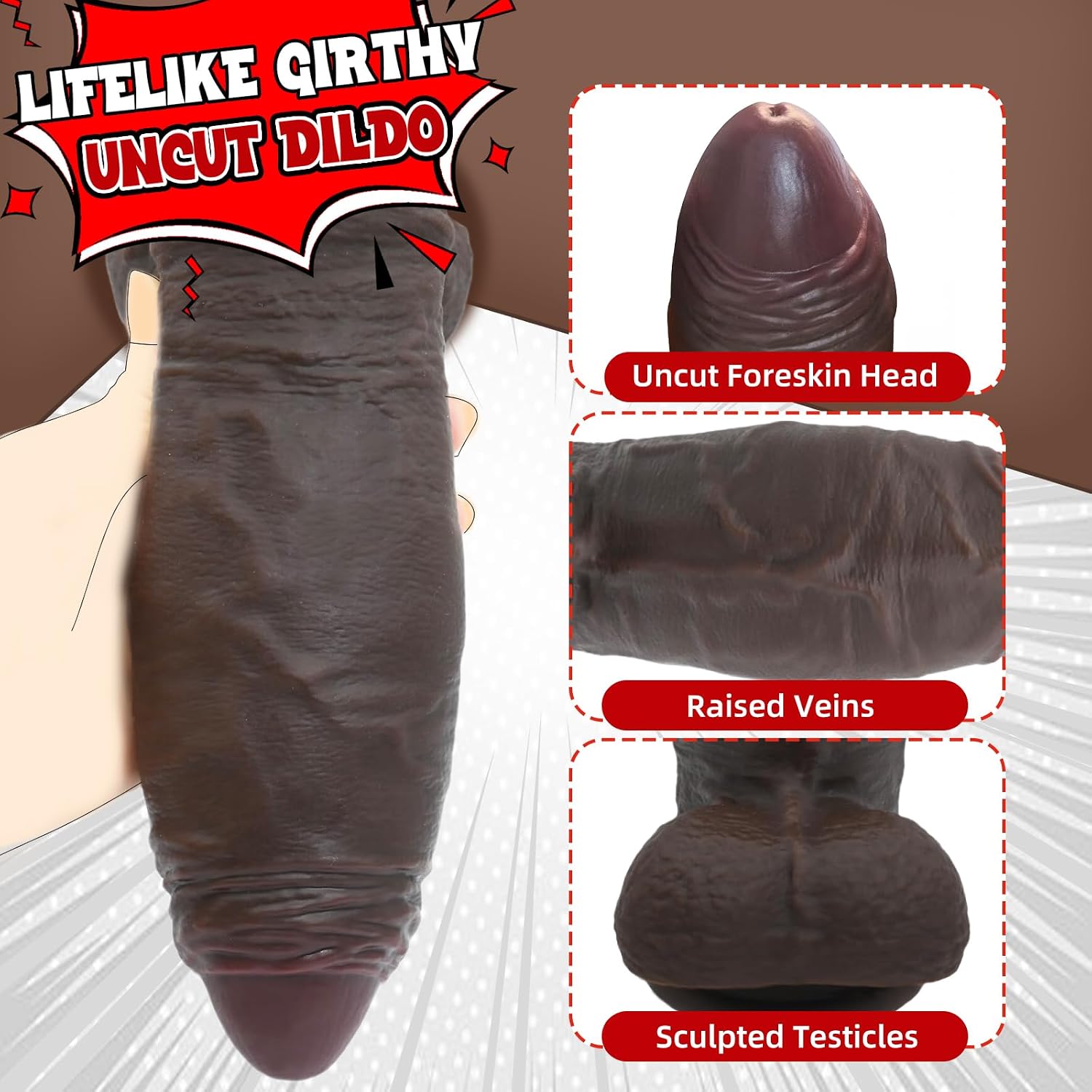 2.67-Inch Diameter Thick Big Black Dildo, Realistic Uncut BBC Girthy Dildo