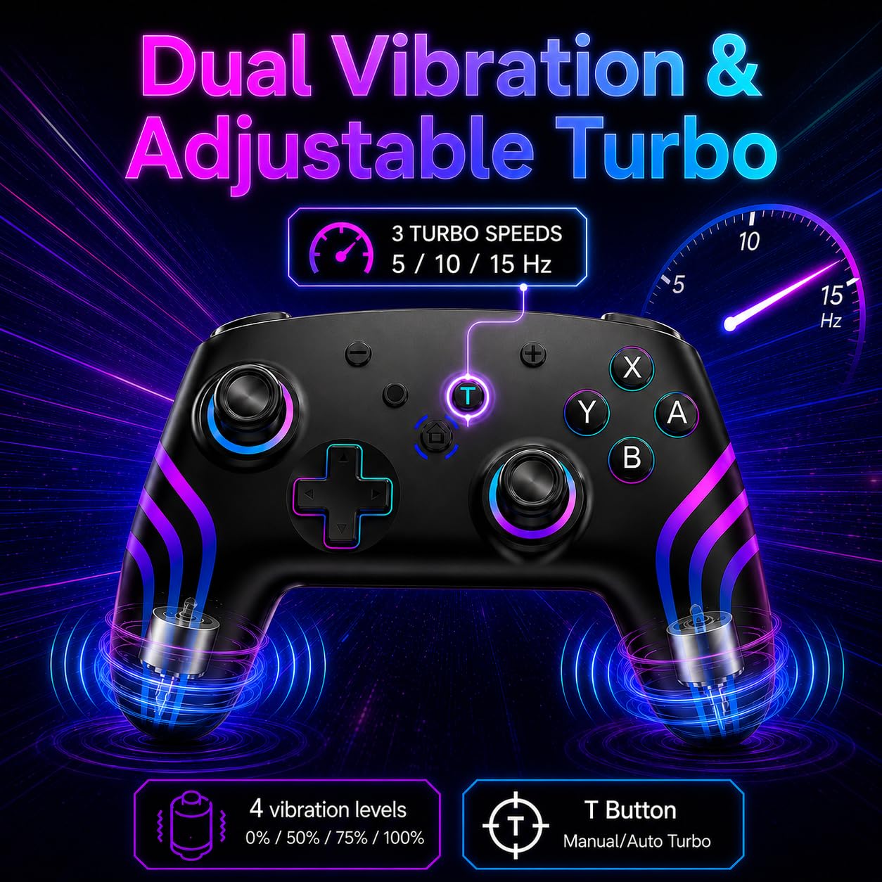 Controller für Switch 2 mit RGB Beleuchtung, Dual Vibration, 6 Achsen Gyroskop, Turbo, Ergonomisch Präzise Joystick