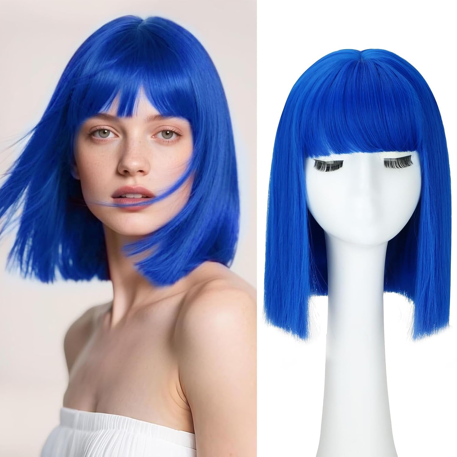 PORSMEER Short Straight Bob Blue Wigs with Fringe Shoulder Length Hair Colorful Wig for Women Girls Heat Resistant Synthetic Wig for Cosplay Halloween Party 14 Inch 35cm