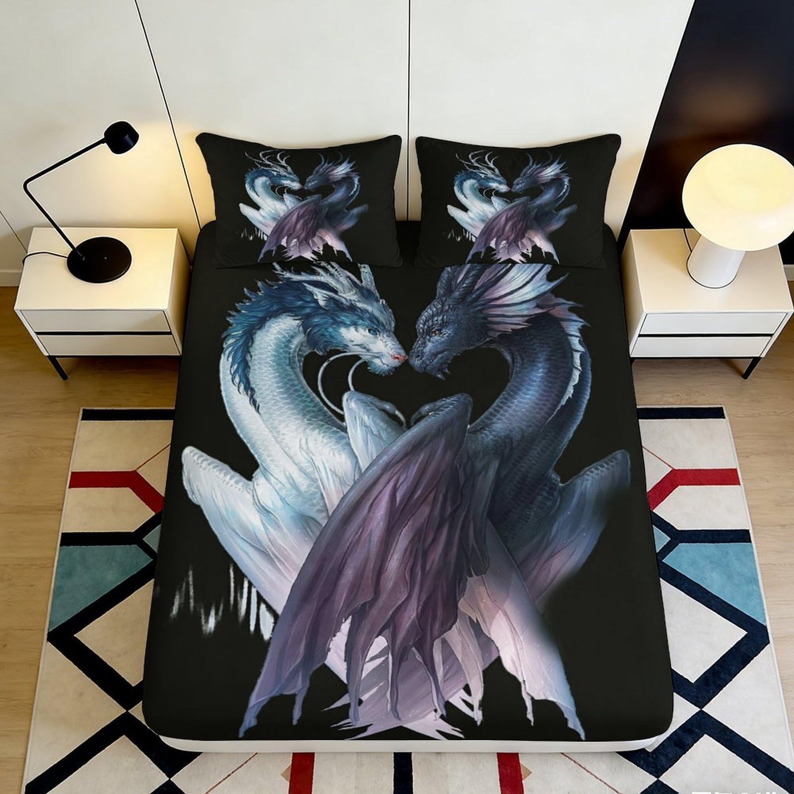 Uxinyoume Style-1 3D Printed Dragon Lovers Fitted Sheet Microfiber Black Fantasy Mattress Cover Non Slip Bedroom Decor 90X200x25cm