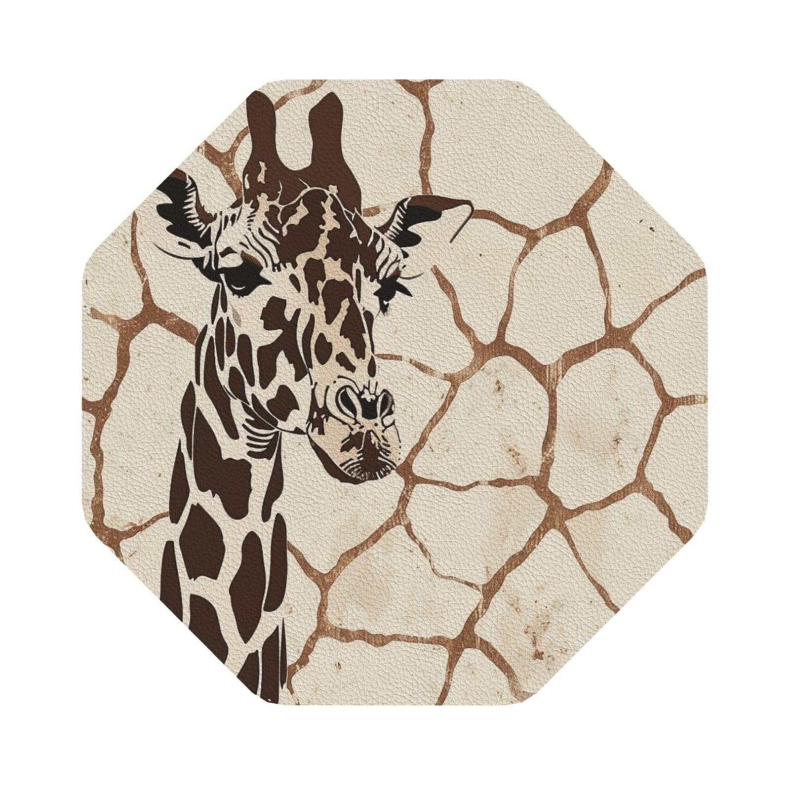 Giraffe Print Print Leather Coaster Set of 6, Octagon Coasters Table Decorative Coffee Cup Beverage Coasters Wine Beer Bar Coasters for Hot Drinks Table Protection