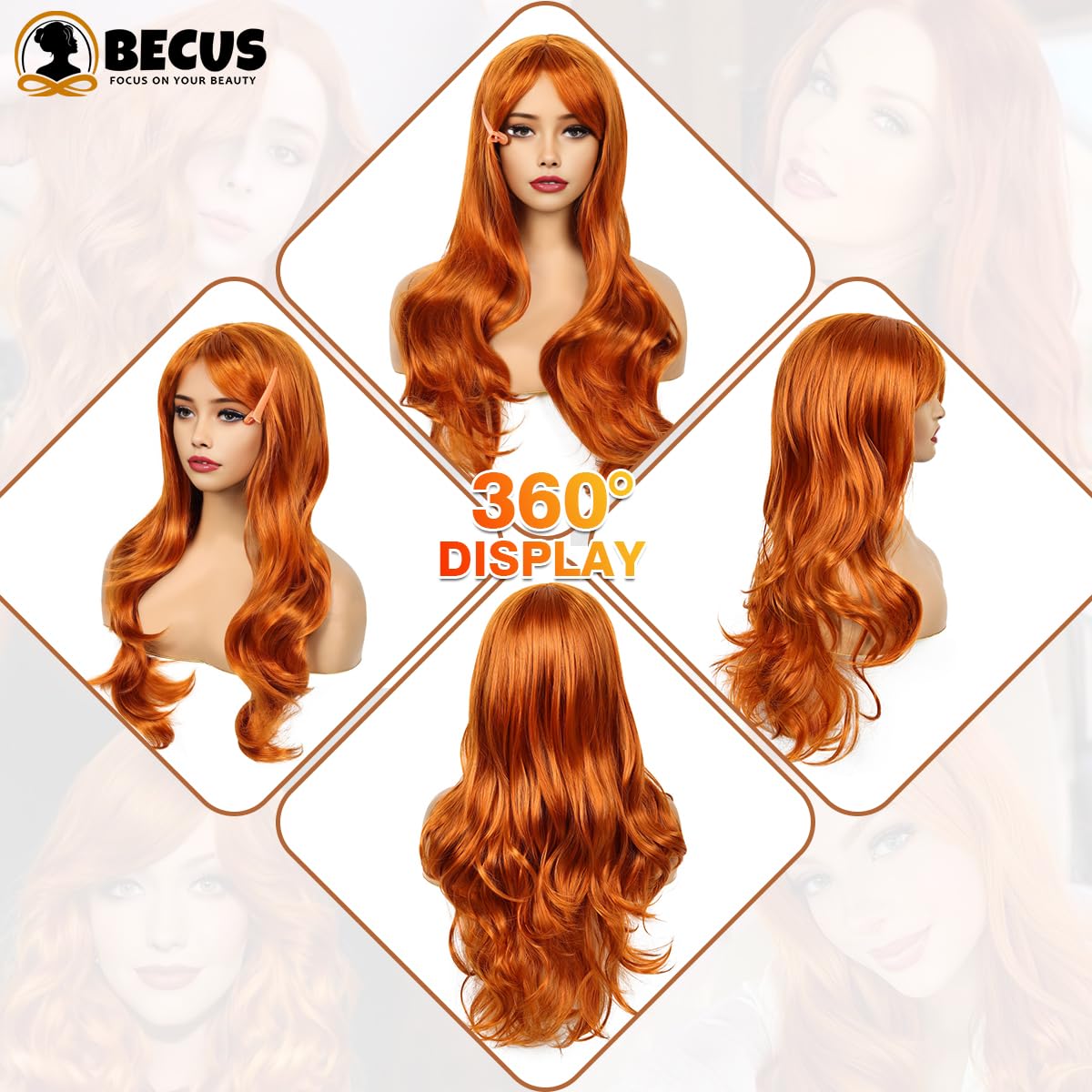 BECUS Ginger Wig for Women Long Orange Wigs Middle Part Natural Body Wavy Synthetic Hair for Daily Wear Halloween Party Cosplay(22"-Ginger) - Image 2