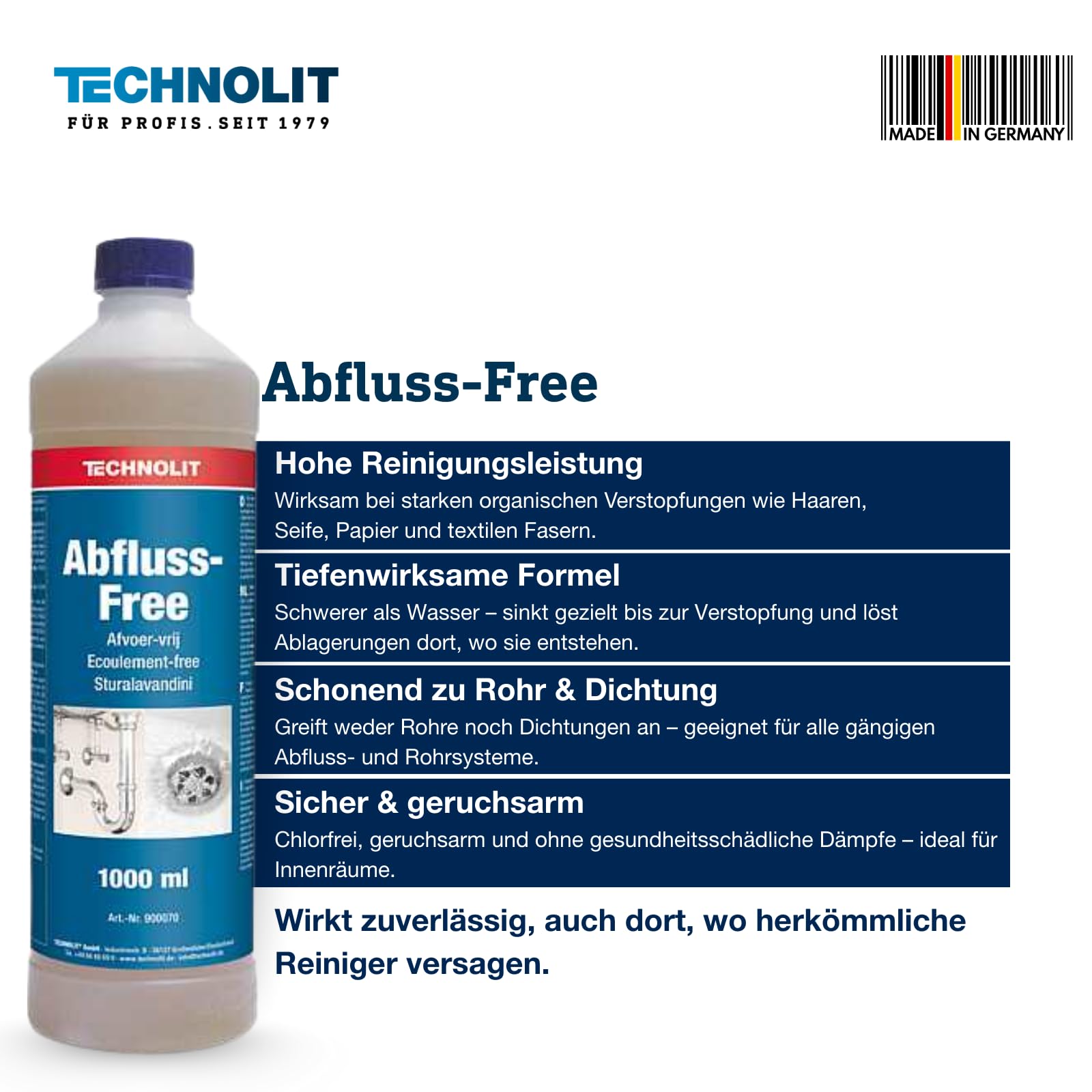 TECHNOLIT Abfluss-Free 1L | Rohrreiniger Konzentrat | Chlorfrei | Gegen Haare, Seife, Papier | Sinkt durch Wasser zur Verstopfung | Sicher für Rohre & Dichtungen | Küche, Bad, WC, Becken