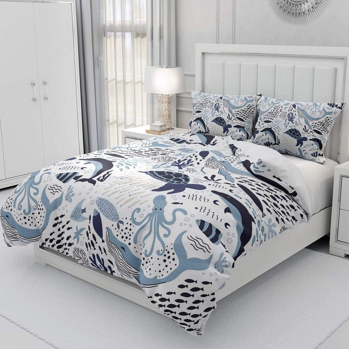 Erosebridal Turtle Bedding Sets Twin White Blue Whale Decor Teen Duvet Cover Set,Octopus Pattern Ocean Theme Comforter Cover Set Underwater Children Comforter Cover for Adult Kids Girls Boys Multi 35 Twin