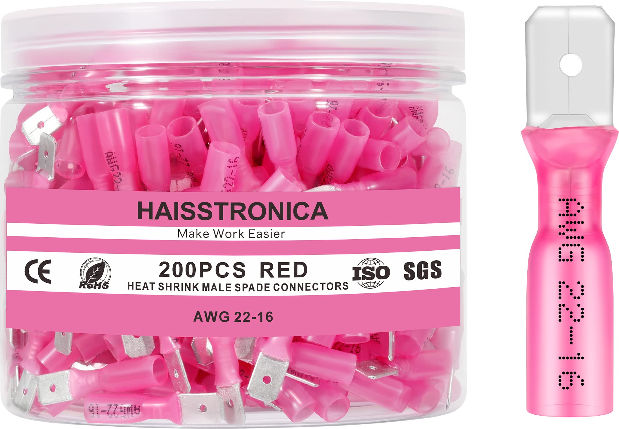 haisstronica 200PCS Red Heat Shrink Male Spade Connectors,AWG 22-16 Heat Shrink Male Spade Terminlas Kit,Speaker Wire Connector, Electrical Quick