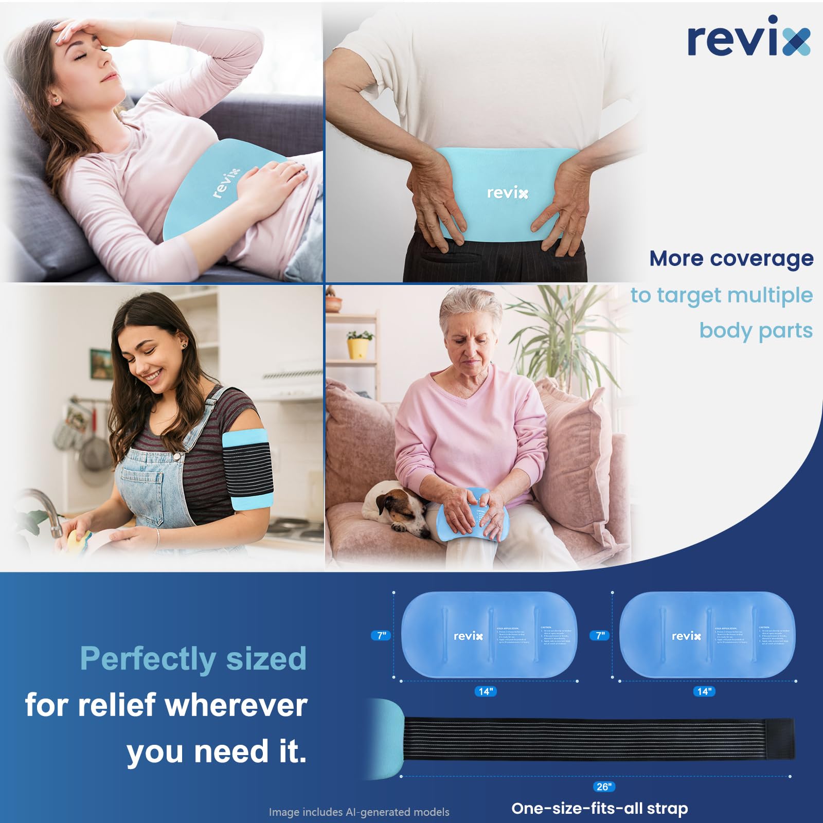 REVIX Ghiaccio in gel riutilizzabile, 35,6 x 17,8 cm, confezione da 2 pezzi, flessibile, con cinghia per schiena, spalle, fianchi, cosce, extra large per il recupero quotidiano e sollievo dal