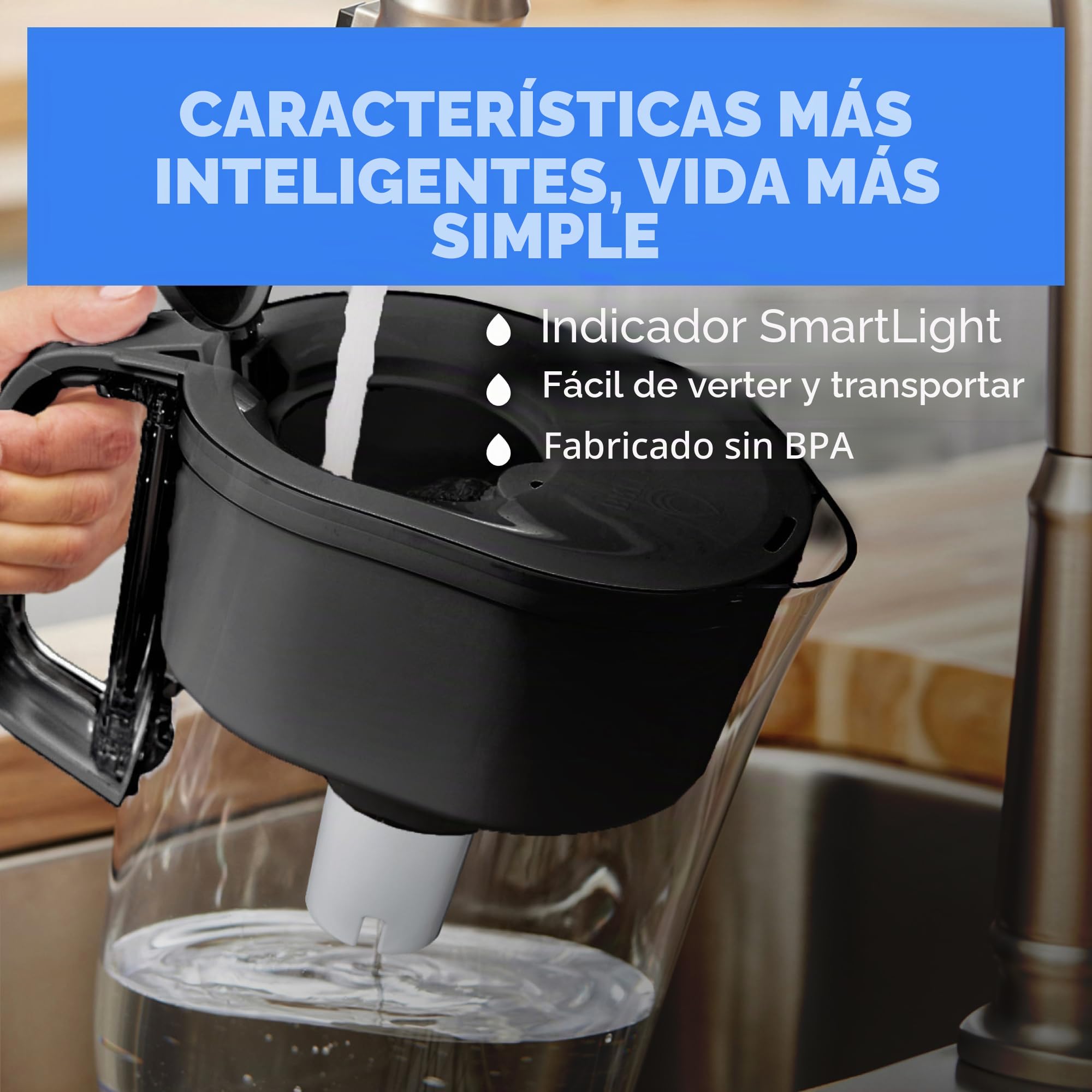 Brita Filtro de agua grande para grifo y agua potable con indicador de cambio de filtro SmartLight + 1 filtro Elite, reduce el 99% del plomo, dura 6 meses, capacidad de 10 tazas, azul