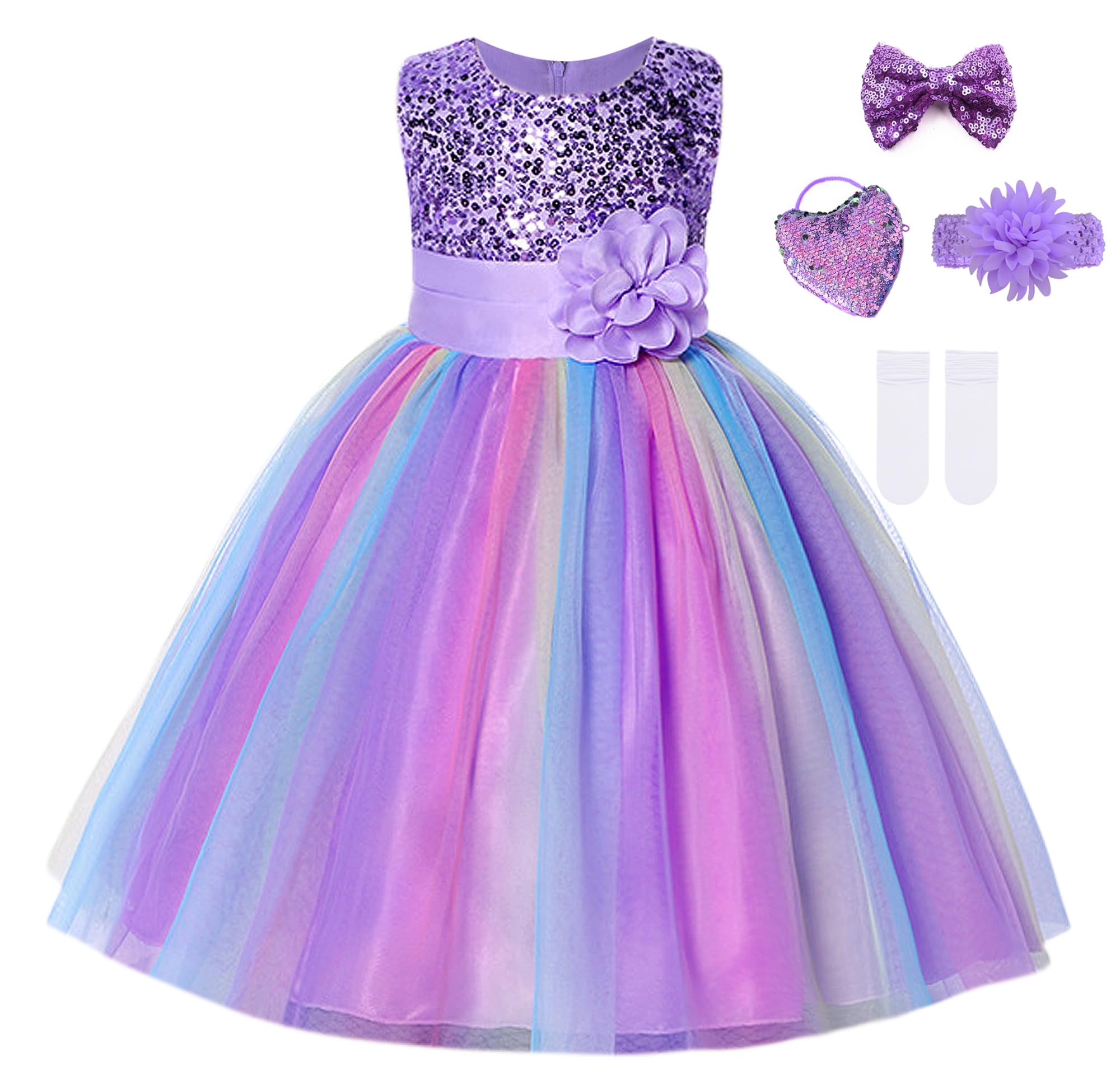 Mecamelon Little Girl's Sequin Sleeveless Mesh Rainbow Party Wedding Flower Dress with Accessories