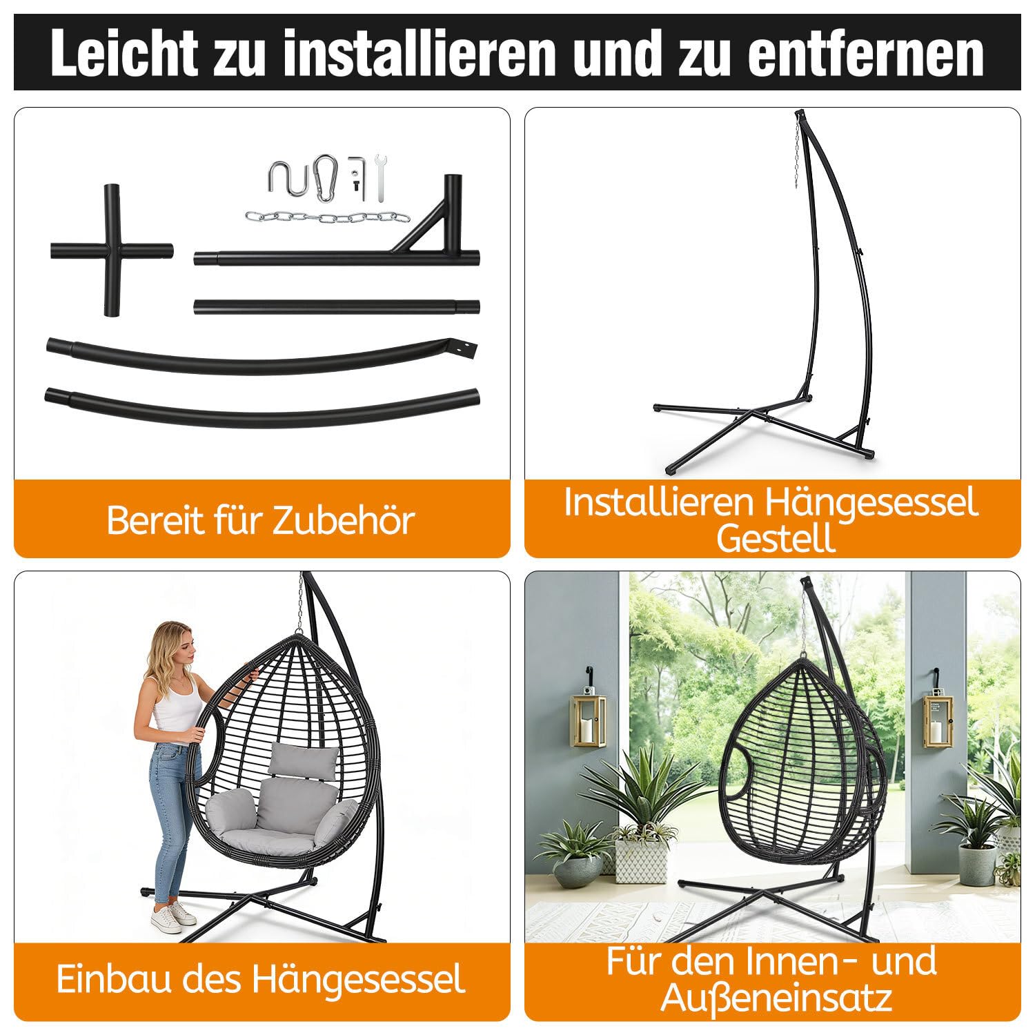 Hängesessel Gestell Hängemattengestell aus Metall Hängesessel-Ständer 150kg für Hängesessel im Innenbereich, Schlafzimmer, Garten (L x W x H)120 x 120 x 210cm