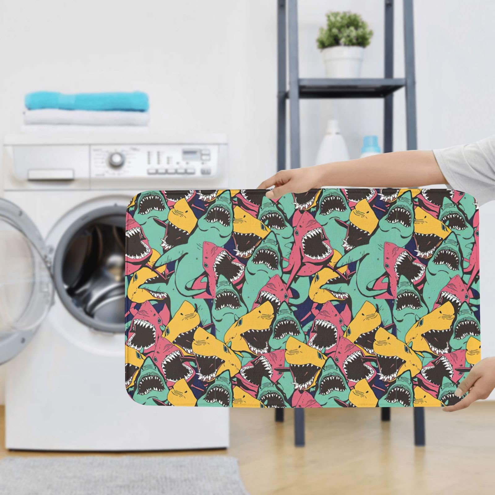 BREAUX Tapis de sol antidérapant motif requin, tapis de sol de salle de bain, couverture de douche antidérapante 3 pièces