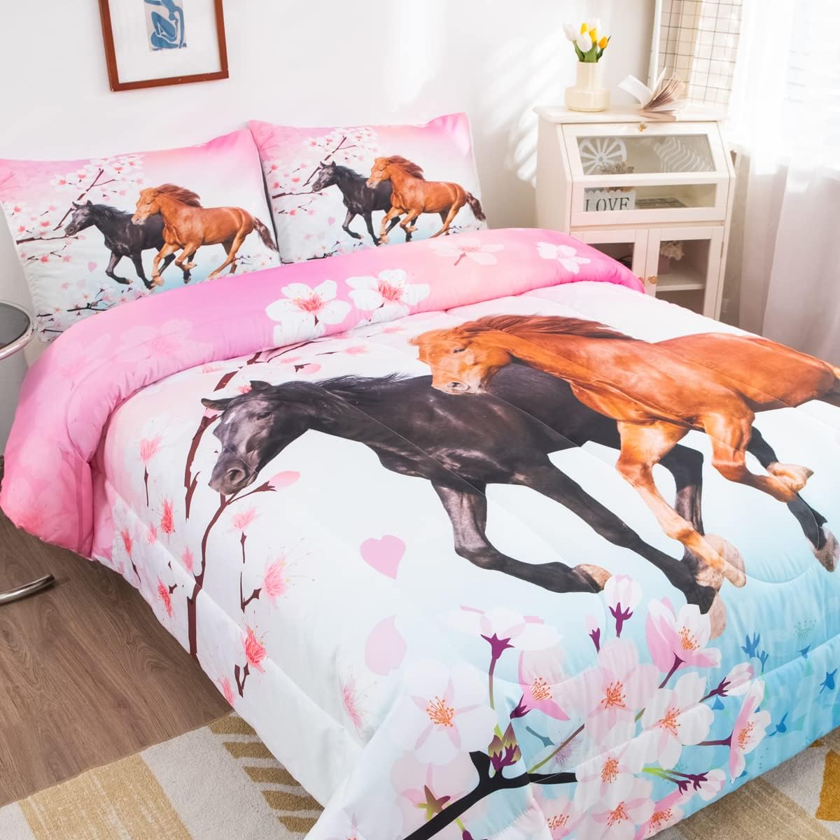 Feelyou Girls Horse Comforter Set Full Size Galloping Horses Bedding Set for Kids Teens Cherry Blossom Comforter 3D Wild Animal Duvet Set Farmhouse Bedroom Decor Quilt Set with 2 Pillow Cases 3Pcs - Image 4