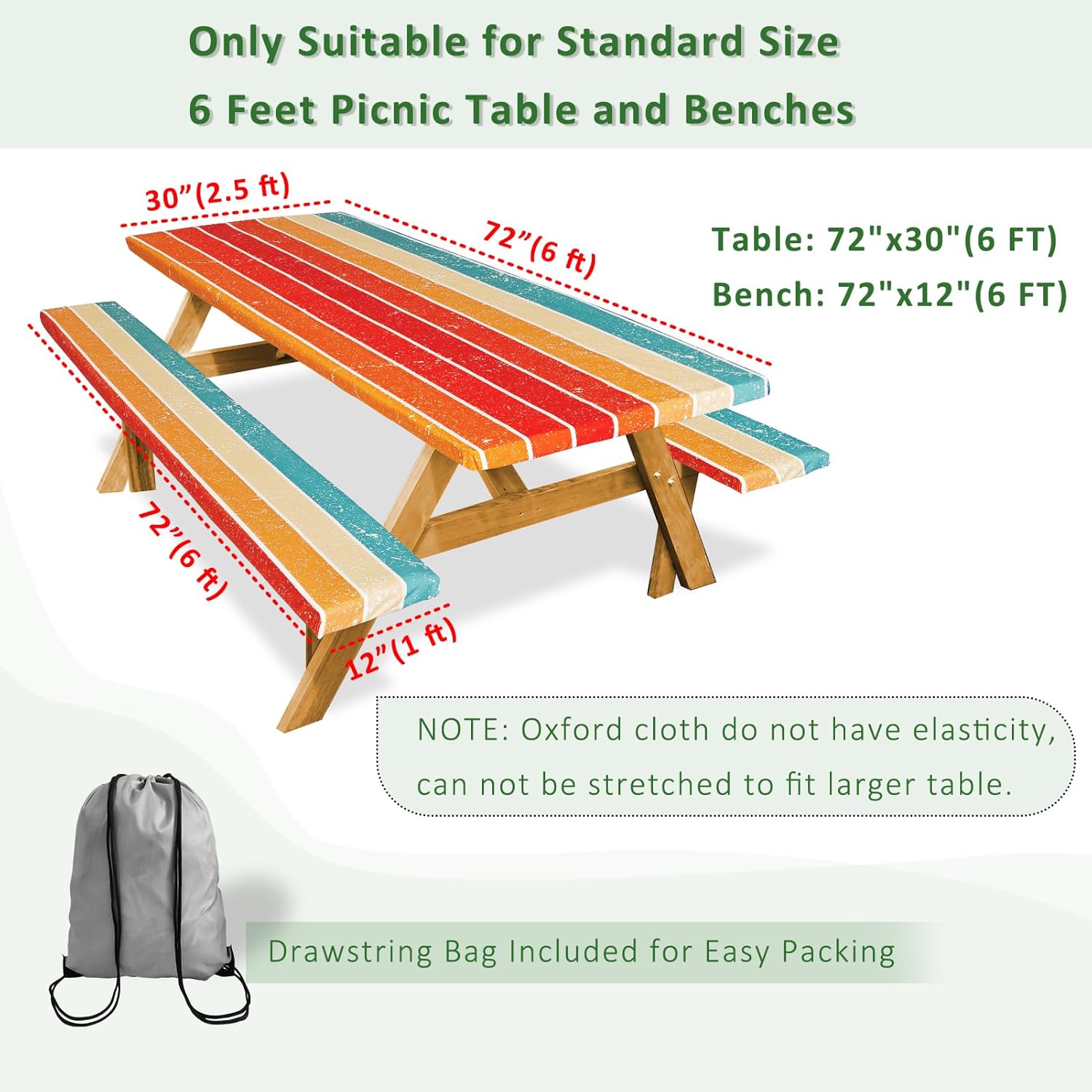 Picnic Table Cover with Bench Covers 72in Camping Essentials Reusable Waterproof Windproof Camping Tablecloth Fitted Rectangle Tables and Seats, Orange Blue Rainbow - Image 2