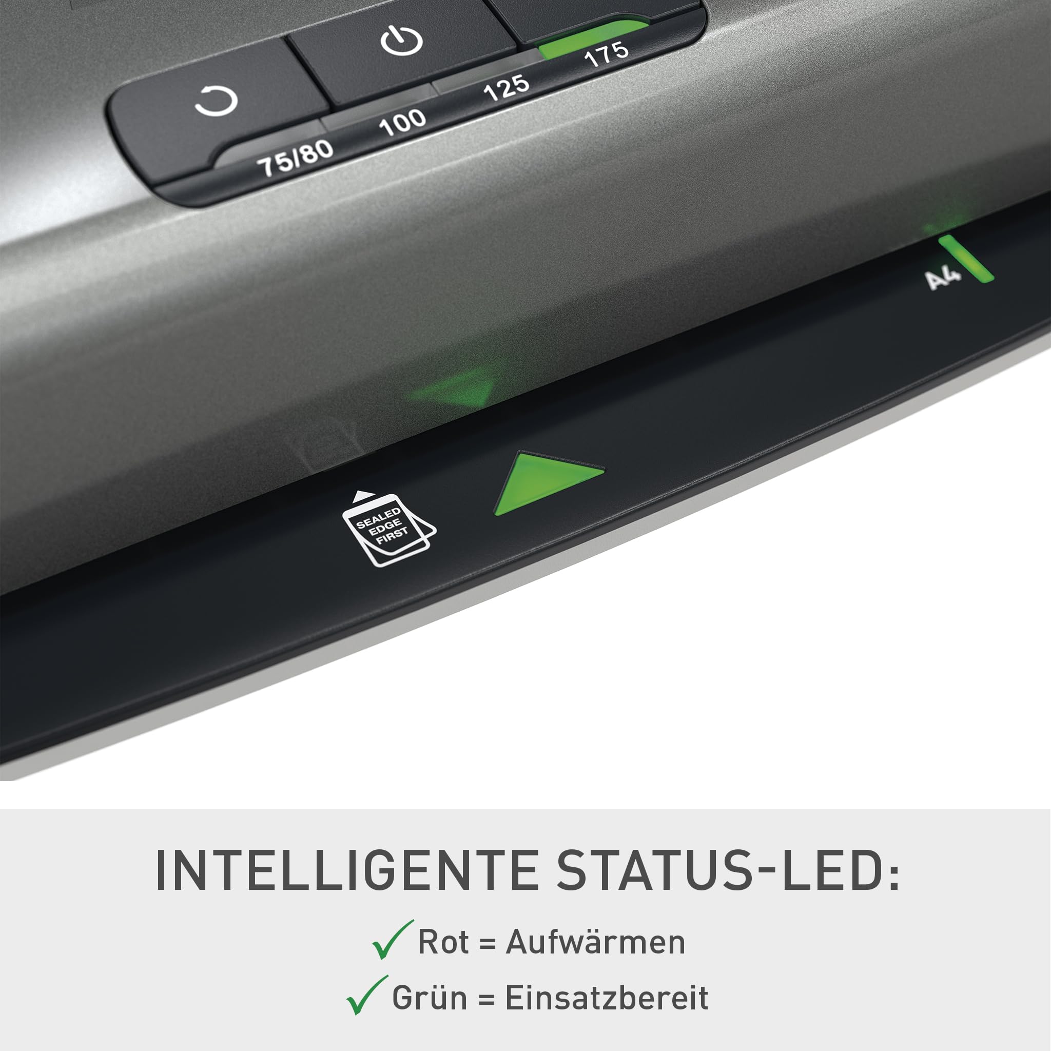 Leitz iLAM Office Pro A3 Laminiergerät, ultraschnelle Aufwärmzeit von 1 Min, für 75-175 mic Folien, Eingabehilfen-LEDs & LED-Status, Anti-Stau, Auto-Abschaltung, Hüllen-Starterkit, Grau/Weiß, 75180084