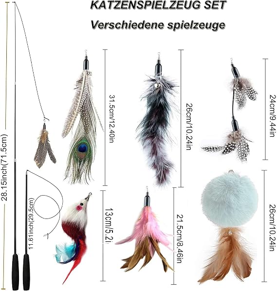 Cat Toys, Cat Feather Toys, Interactive Cat Teasers Wand Toys 6Pcs, Cat Toys for Indoor Cats Adult Kitten