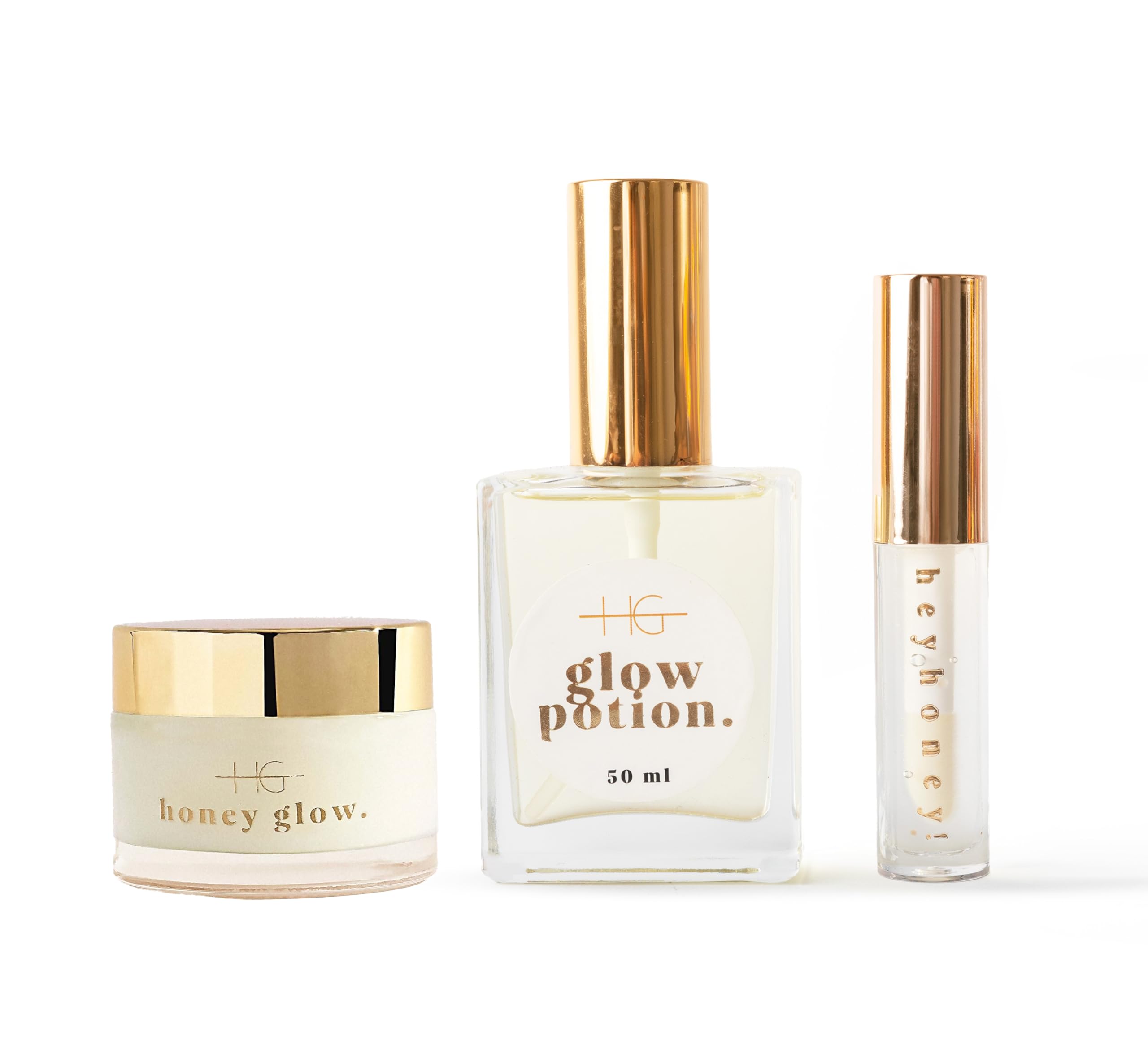 Feuchtigkeitsspendendes HoneyGlow Set | Ultra-feuchtigkeitsspendende Creme mit Miel & Ceramiden SPF15 (50ml), Glow Potion Trockenöl mit 10 Pflanzenölen (50ml) & HeyHoney Lip Serum (10ml)