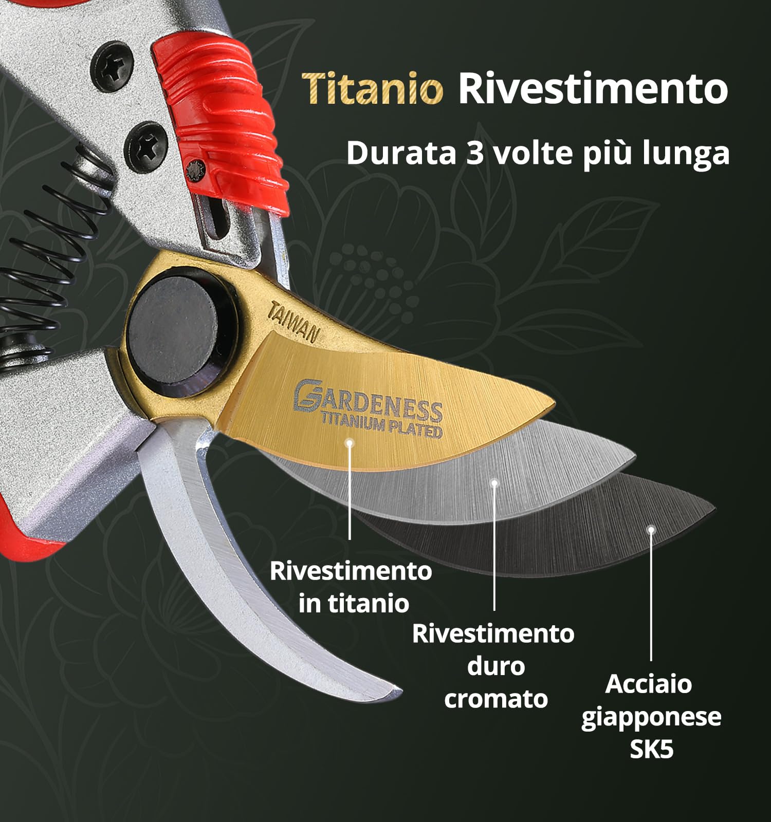 Gardeness Forbici da potatura Bypass in titanio – Cesoie in acciaio SK5 con impugnatura morbida per fiori, rami e piante, ideale per fioristi e giardinaggio