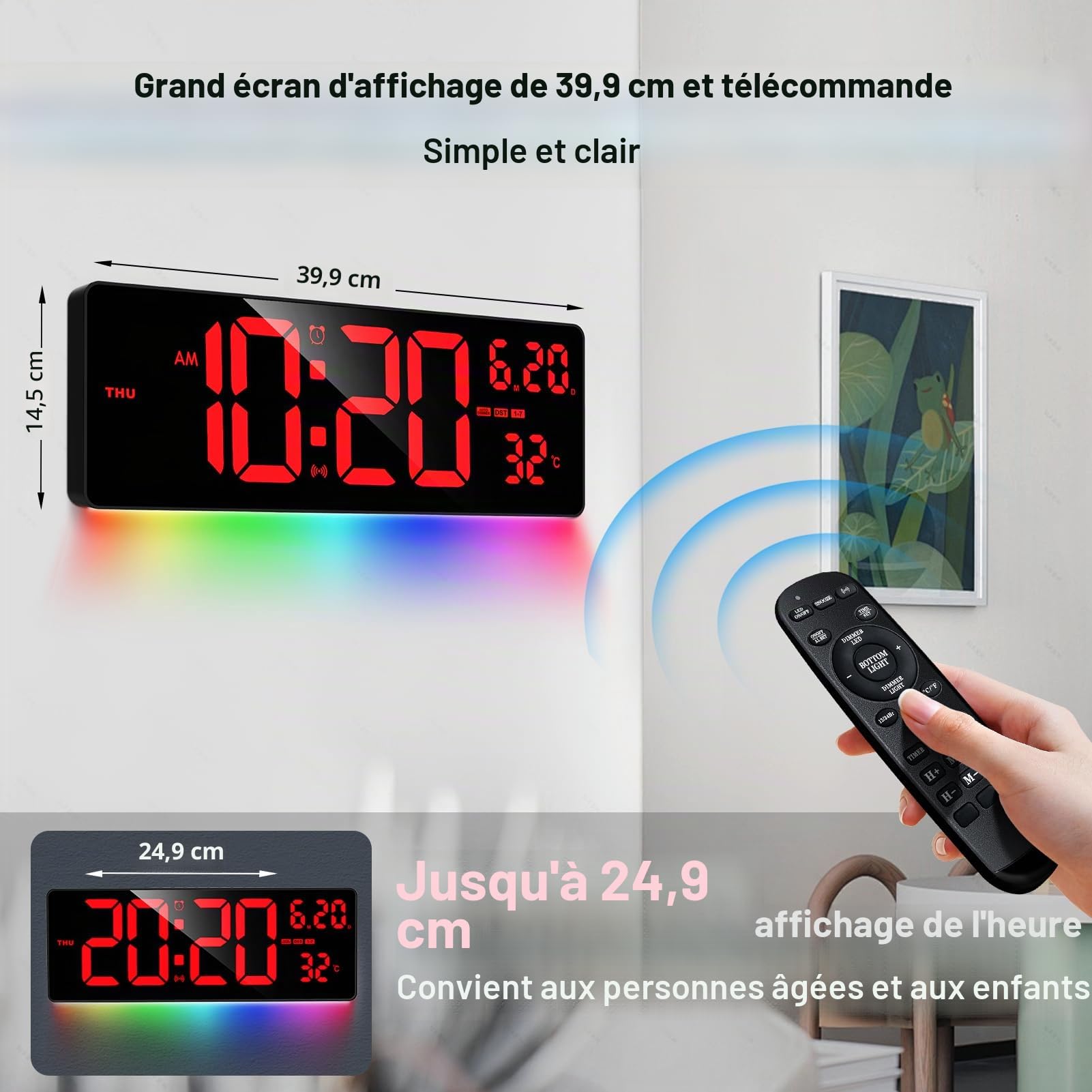 XREXS Horloge Murale 16,5" Écran Rouge Barre Lumineuse Colorée