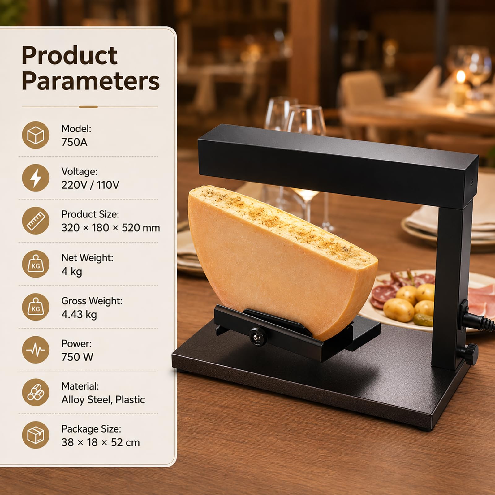 Fundidor de Queso Raclette Comercial de 750W, Máquina de Calentamiento de Queso de Media Rueda Para Raclette Suizo, Nachos y Uso en Restaurantes