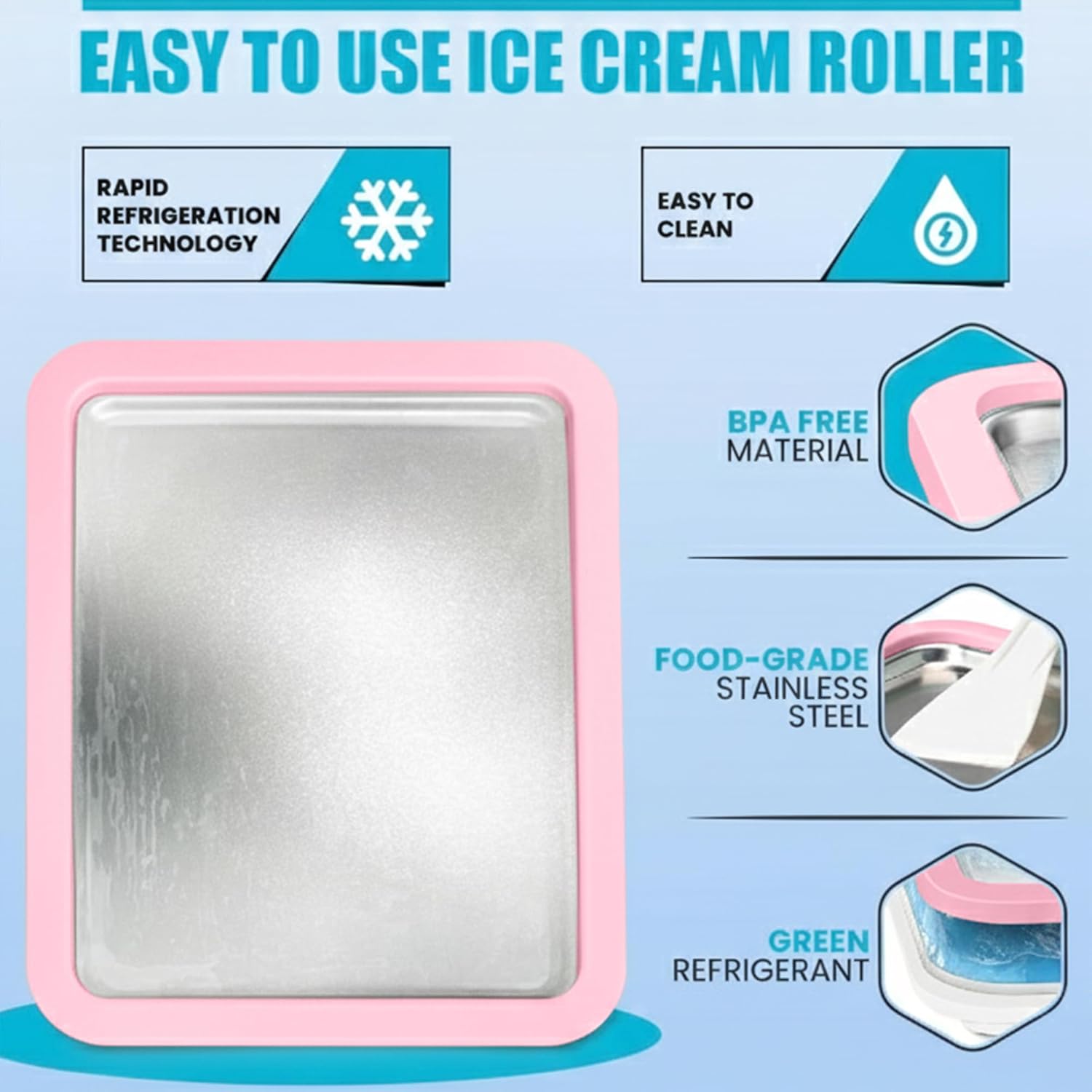 Extra Large Rolled Ice Cream Maker (14"x10") - Make Instant IceCream w/the Family - Manual Roll Your Own IceCream - Roll Ice Cream Tray (Light Pink)