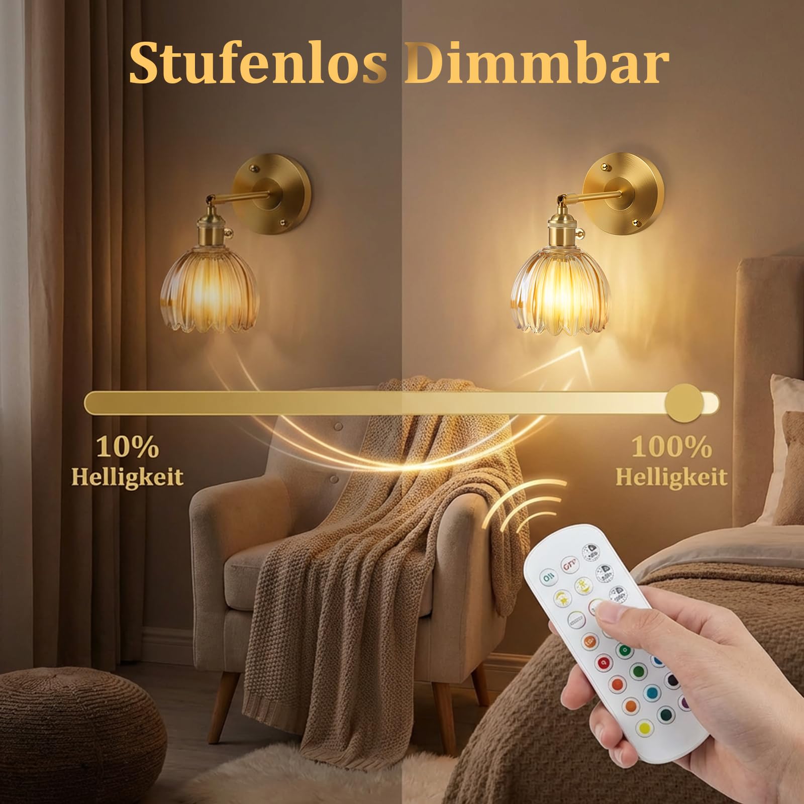 Akku Wandleuchte Innen 4000mAh Retro 2 Stück, Gold LED Wandlampe ohne Stromanschluss mit Glas Tulpe Schirm, Dimmbar & RGB Speicherfunktion Timer Fernbedienung für Schlafzimmer Flur Wohnzimmer