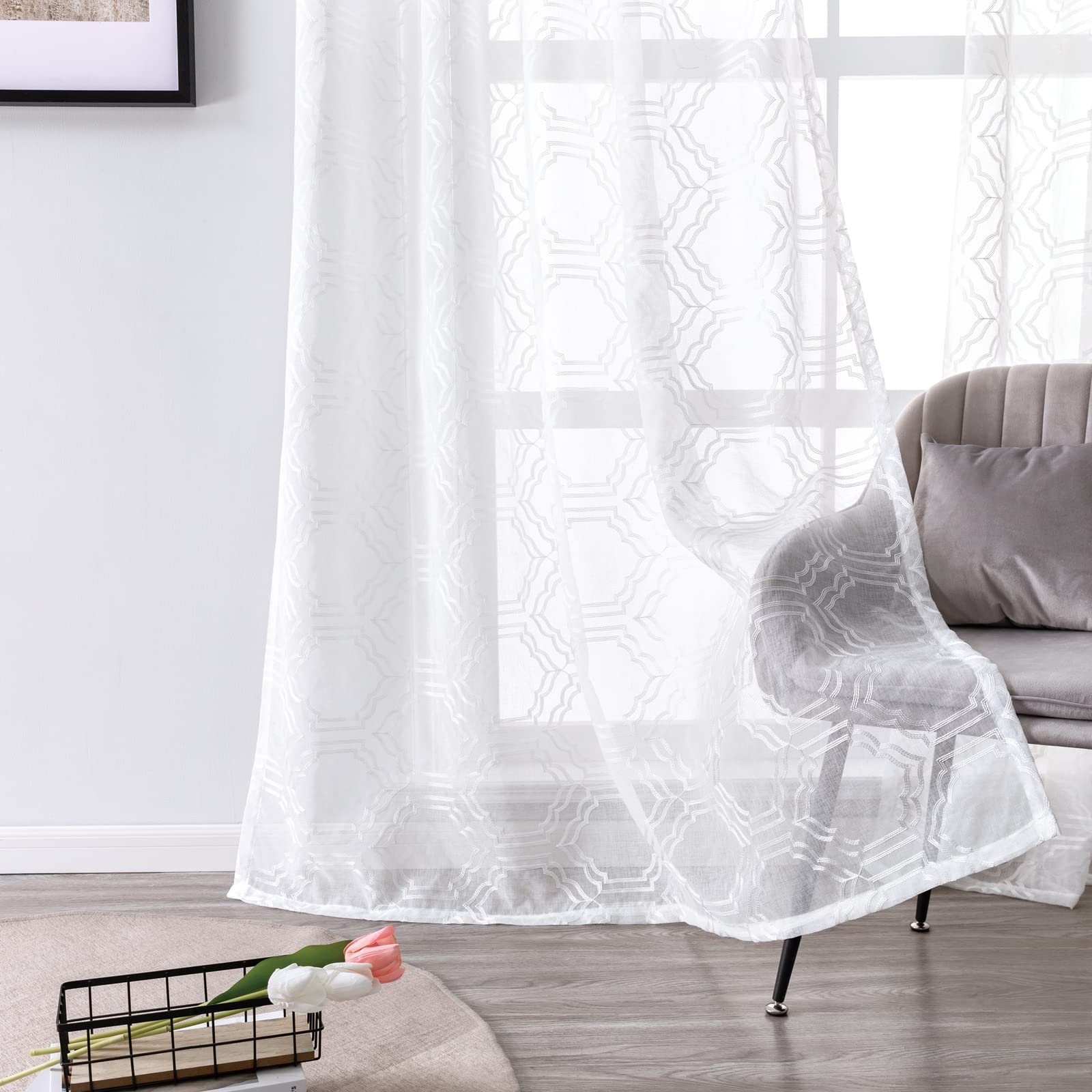 Voilage Rideaux Lot de 2 Blanc 107x160CM, Rideau Voile Crochet Chambre Hexagonal Geometrique Décorations d'intérieur de Fenêtre Rideaux Cuisine Balcon Baie Vitrée