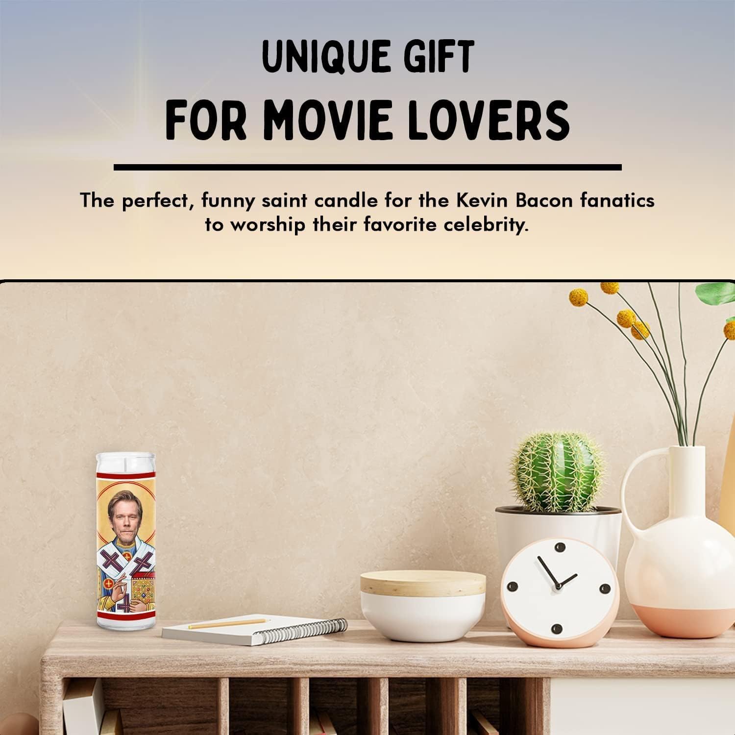 Kevin Celebrity Glass Jar Candle – Unscented Handmade Soy Wax Votive Candle – Unique Gift for Movie Lovers – Home Decor Collectible for Living Room & Office – 8 Inch