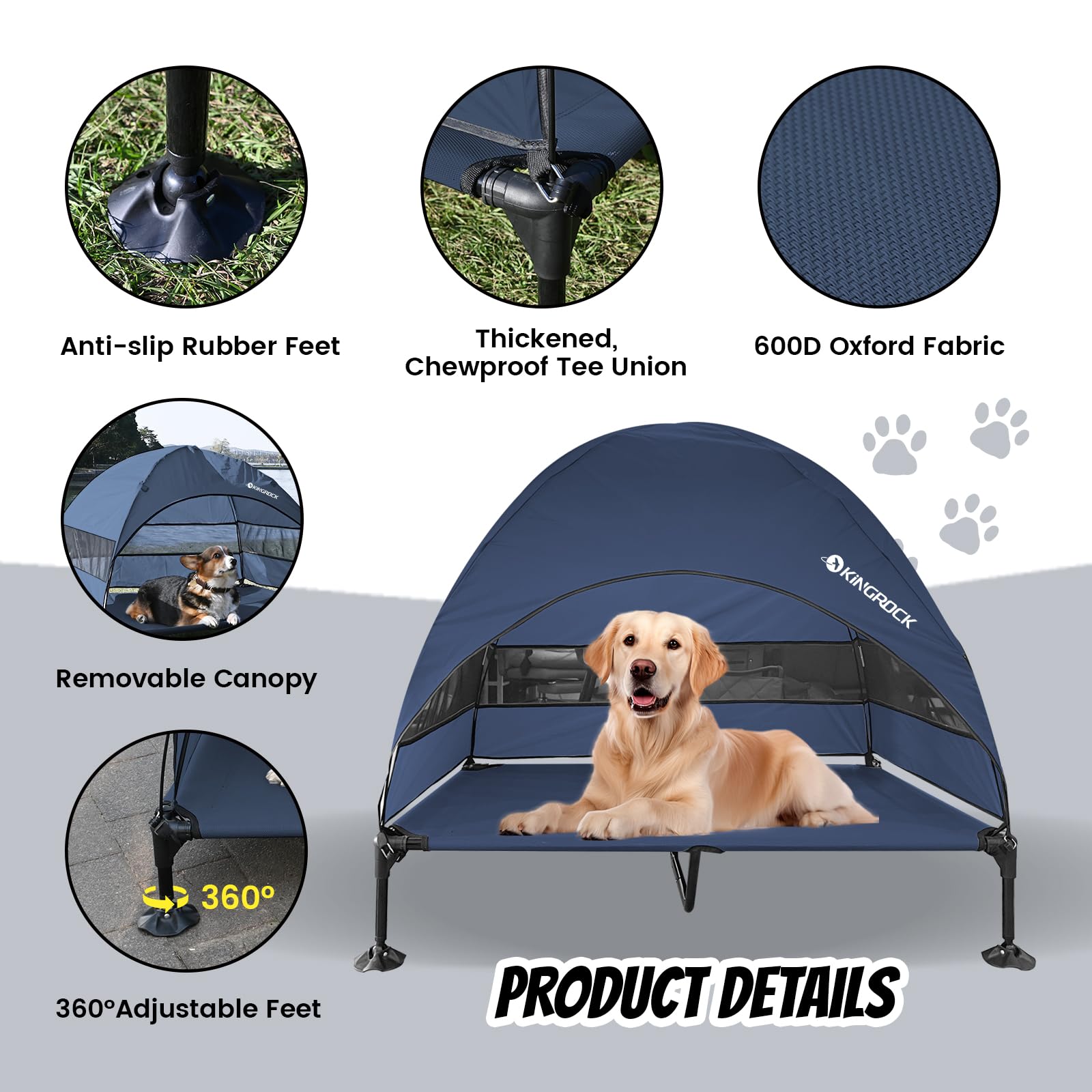 KINGROCK Elevated Dog Bed with Removable Canopy Portable Outdoor Pet Cot Waterproof 600D Oxford Fabric Anti Slip Feet for Large Dogs Camping Beach Indoor and Outdoor Use - image 5