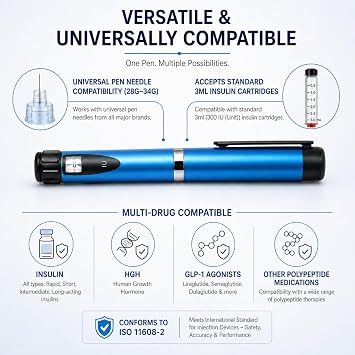 Reusable 60 Unit Insulin Pen Injector with Aluminium Build | Compatible with All Major Pen Needles | Click-Feedback Dosing System for Clinical Accuracy and Easy Dosing | Drop-Tested for Real-Life Use