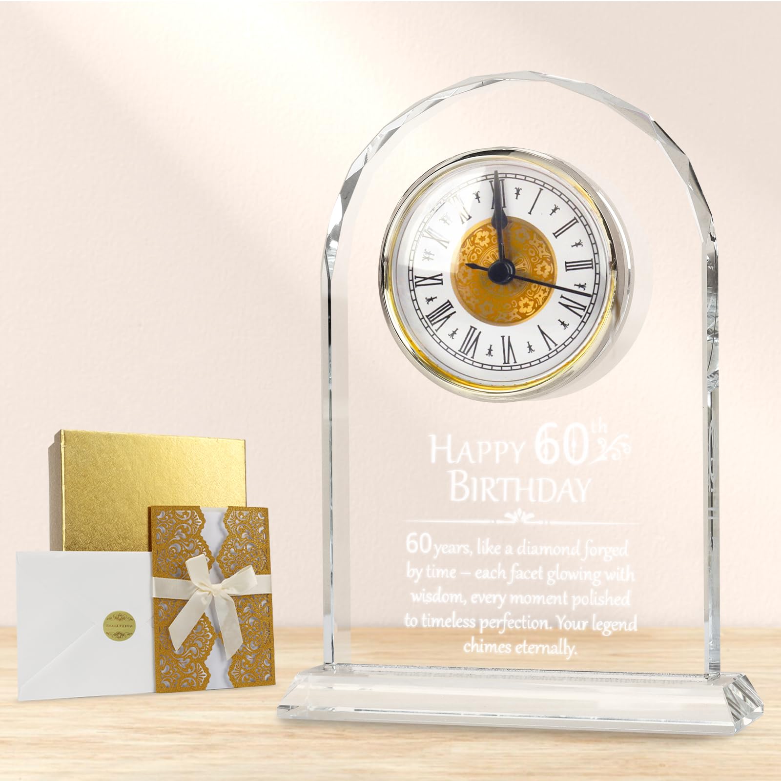 WANCHIY 60th Wedding Anniversary Crystal Clock Gift, Gold, Battery Powered