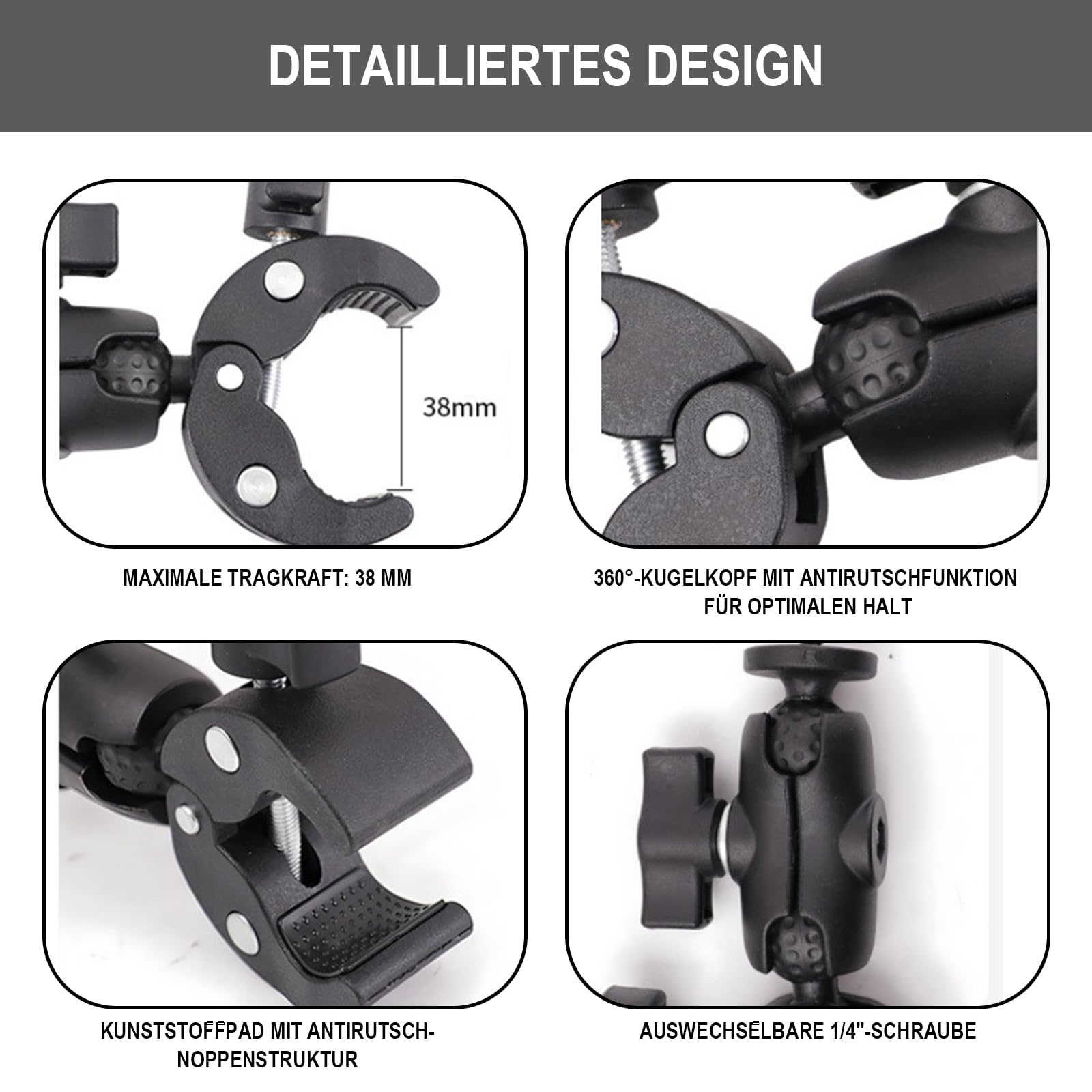 Motorrad Kamera Halterung Set mit Stützklemme und Selfie Stab Double Clamp