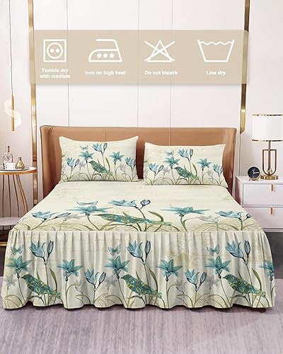 Miniatura 2 de Faldas de cama plisadas envolventes florales de primavera para cama individual de 39 x 75 pulgadas, tulipán verde azulado, flor de verano, vintage,