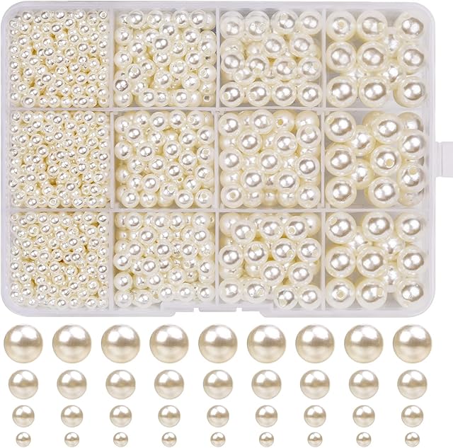 1320 Pcs Pearl Beads, Ivory White Round Pearl Beads for Jewellery Making Crafting Necklaces Bracelets Earrings Rings Jewelry Making Supplies, 4/6/8/10mm Imitation Pearls Satin Luster
