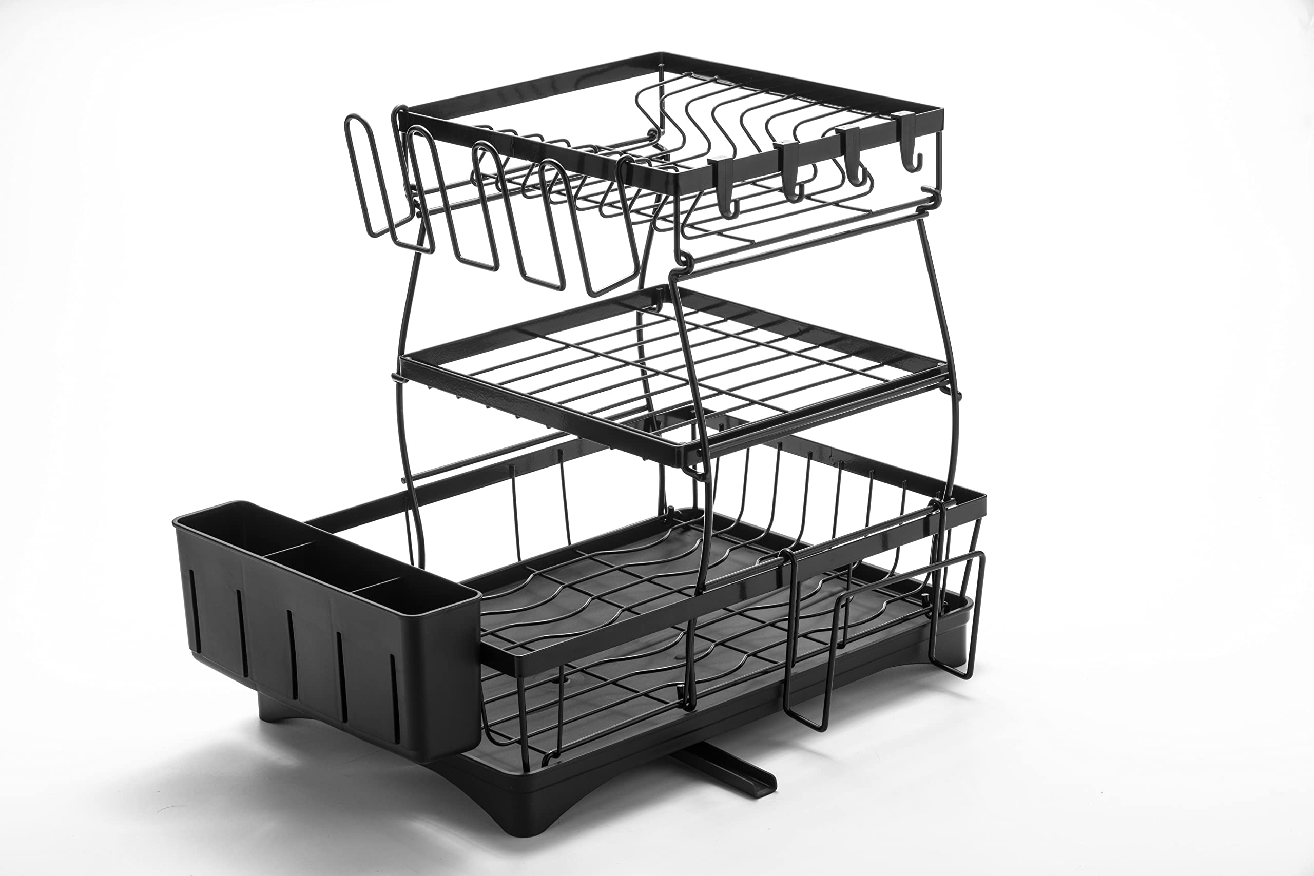 URMARK Large Dish Drying Rack with Drainboard Set, Stainless Steel 3 Tier Black Dish Rack with Drainage for Kitchen Counter, Large Dish Drainers with Wine Glass Holder, Utensil Holder and Pot holder