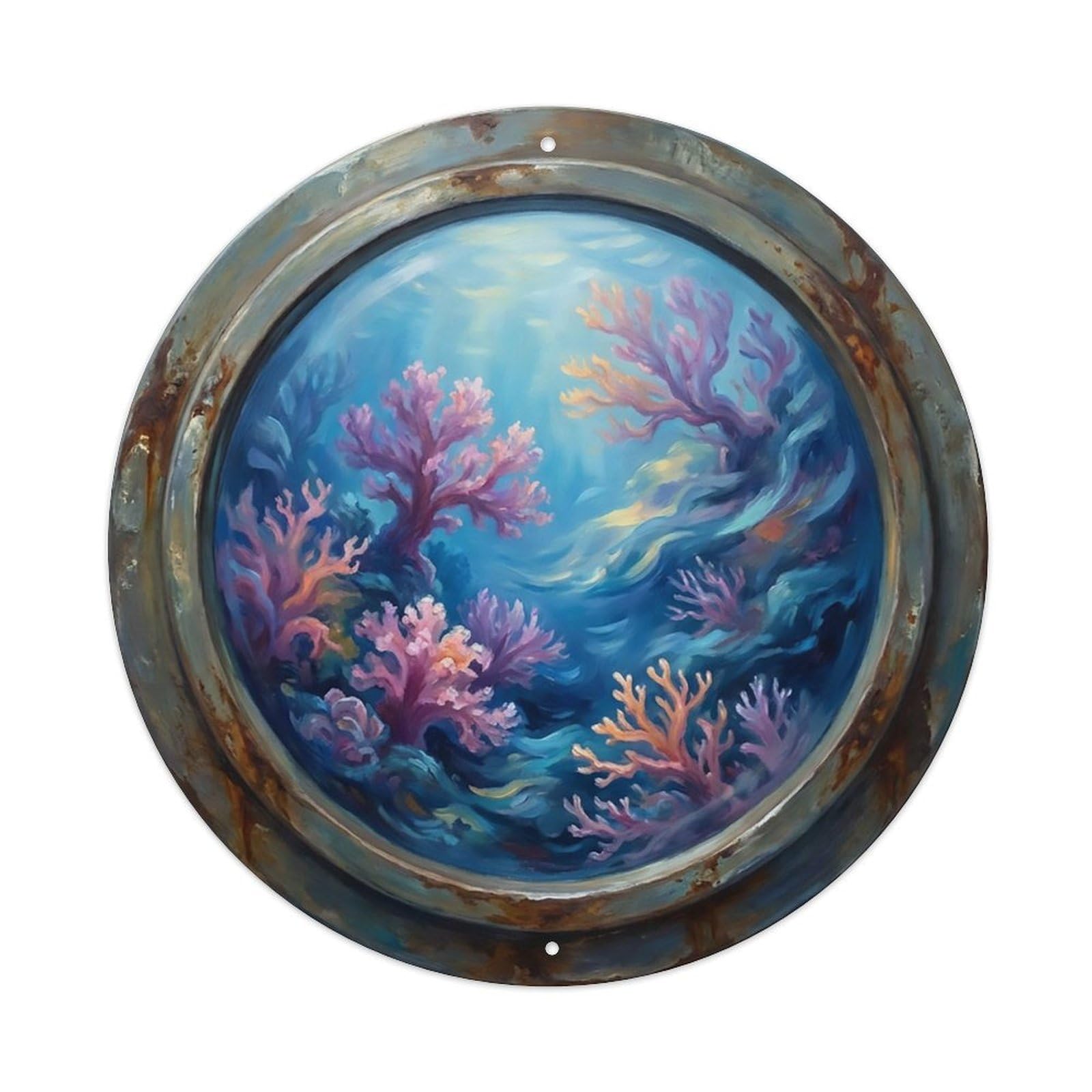 Vintage Porthole Soft Coral Ship Window Undersea Deep Sea Metal Tin Sign