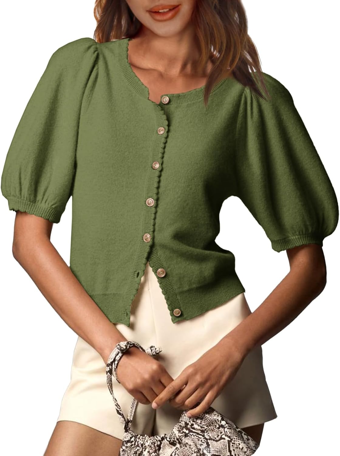 Saodimallsu Womens Puff Short Sleeve Cardigan Lightweight Summer Button Down Shirts Knit Crew Neck Sweater Tops