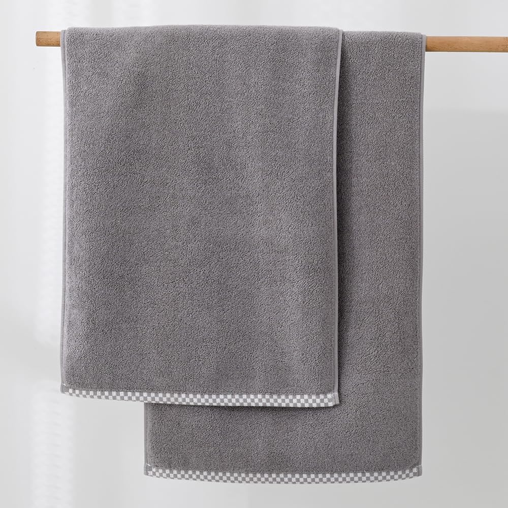 YiLUOMO Grey Hand Towel Set of 2 Super Soft Highly Absorbent 100% Cotton Thick Solid Pattern with Gray Plaid Trim Border Design Decorative Hand Towels for Bathroom, Hotel, Spa 13 x 29 Inch - Image 4