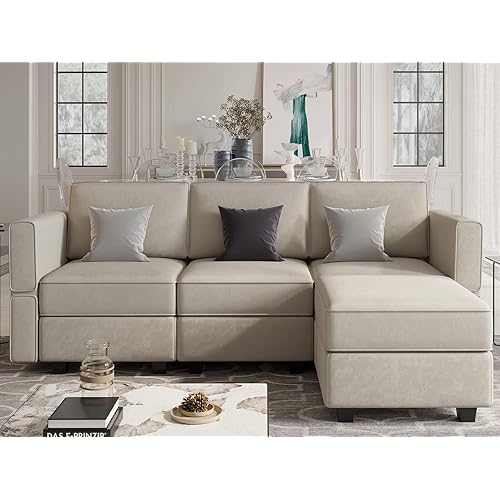 Belffin Convertible Sectional Sofa with Chaise Velvet L Shaped Sofa Couch Modular Sectional Sofa with Storage Grey