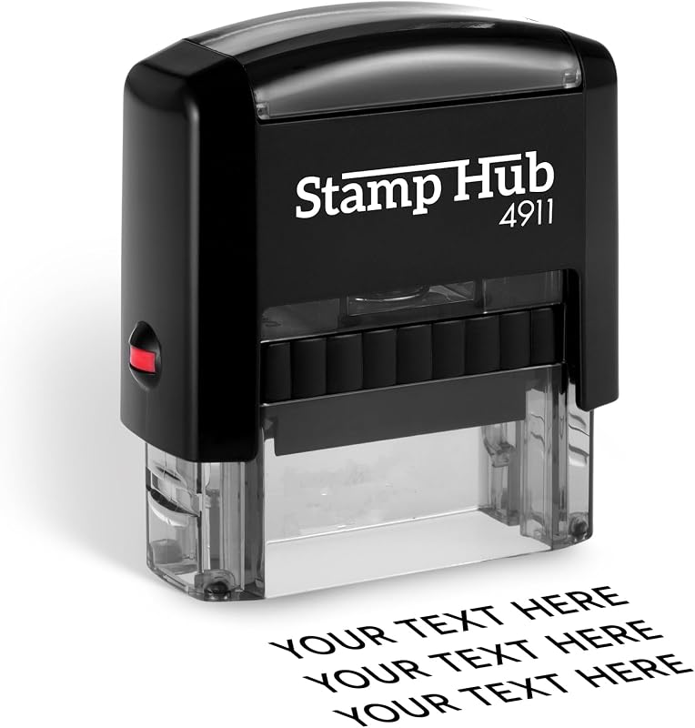 Sello personalizado autoentintado de Stamp Hub - Dirección de remitente de hasta 3 líneas (pequeño) | Diseño compacto que ahorra espacio, impresiones nítidas y consistentes, miles de estampados claros, mecanismo de autoentintado incorporado